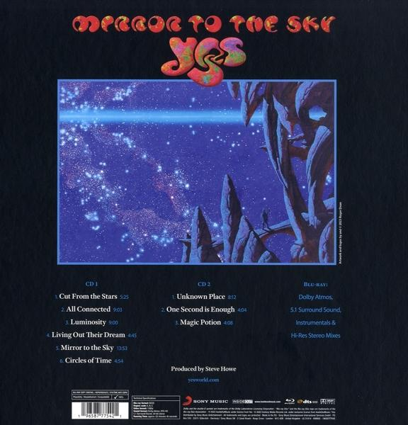Rückseite des Albums "Mirror to the Sky" von Yes, mit Titelliste und Bandlogo.