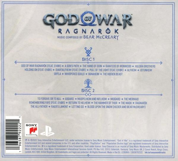 Rückseite einer CD-Hülle für God of War Ragnarok. Listet die Musiktitel auf zwei Discs auf.