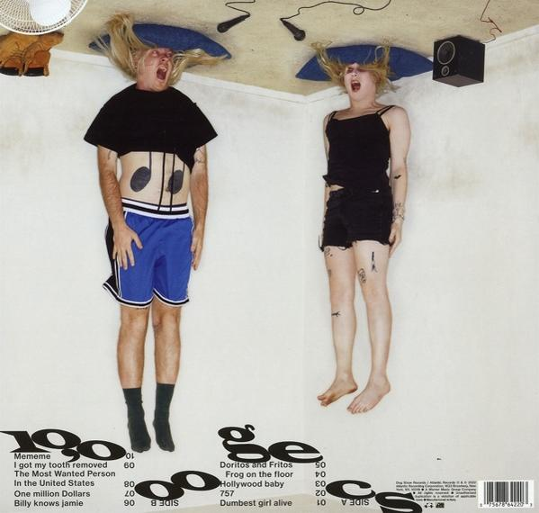 Albumcover mit zwei Personen, die von der Decke fallen. Text listet Songtitel und Texte auf.
