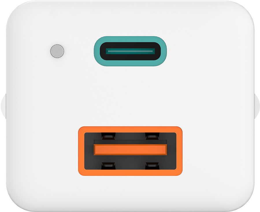 A white charger with a USB-C and USB-A port, and a small button on top.