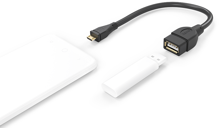 White phone, USB drive, and USB cable with connectors on a white background.