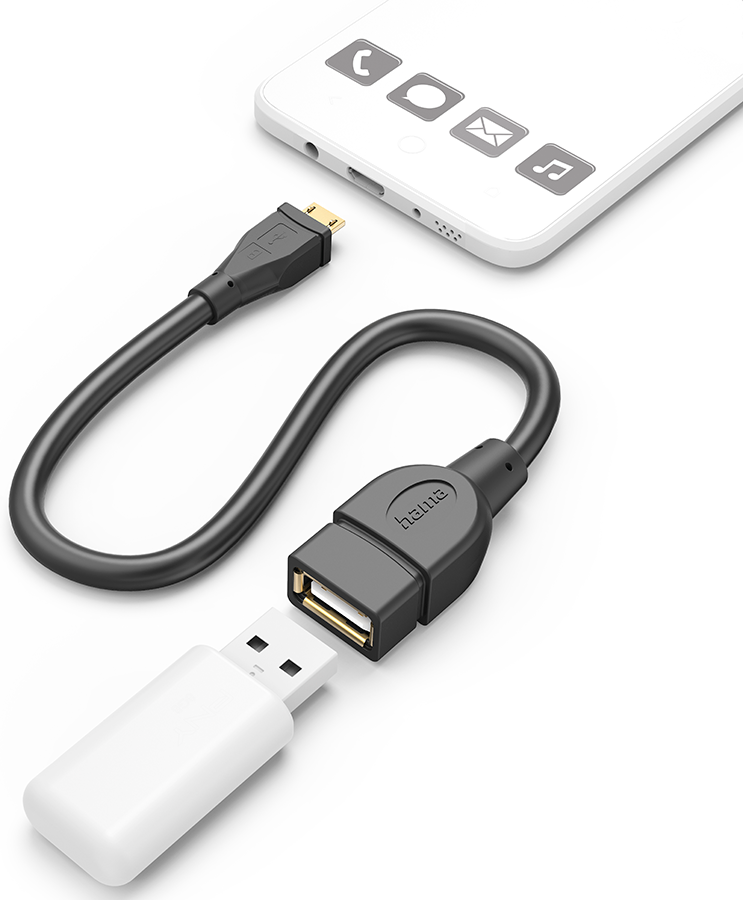 Black cable with a USB and a phone, connected to a USB port.
