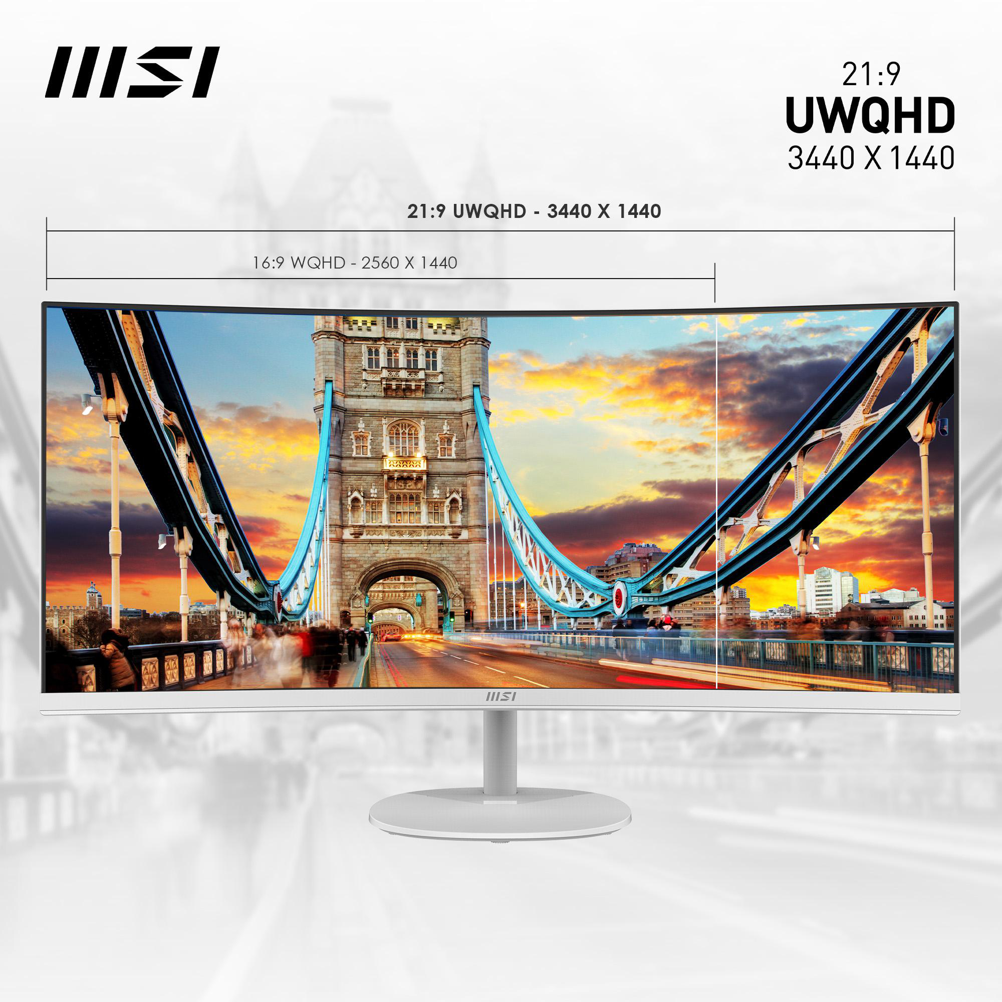 Ein gebogener Computermonitor, der eine Brückenszene mit dem Text 21:9 UWQHD 3440 x 1440 anzeigt.