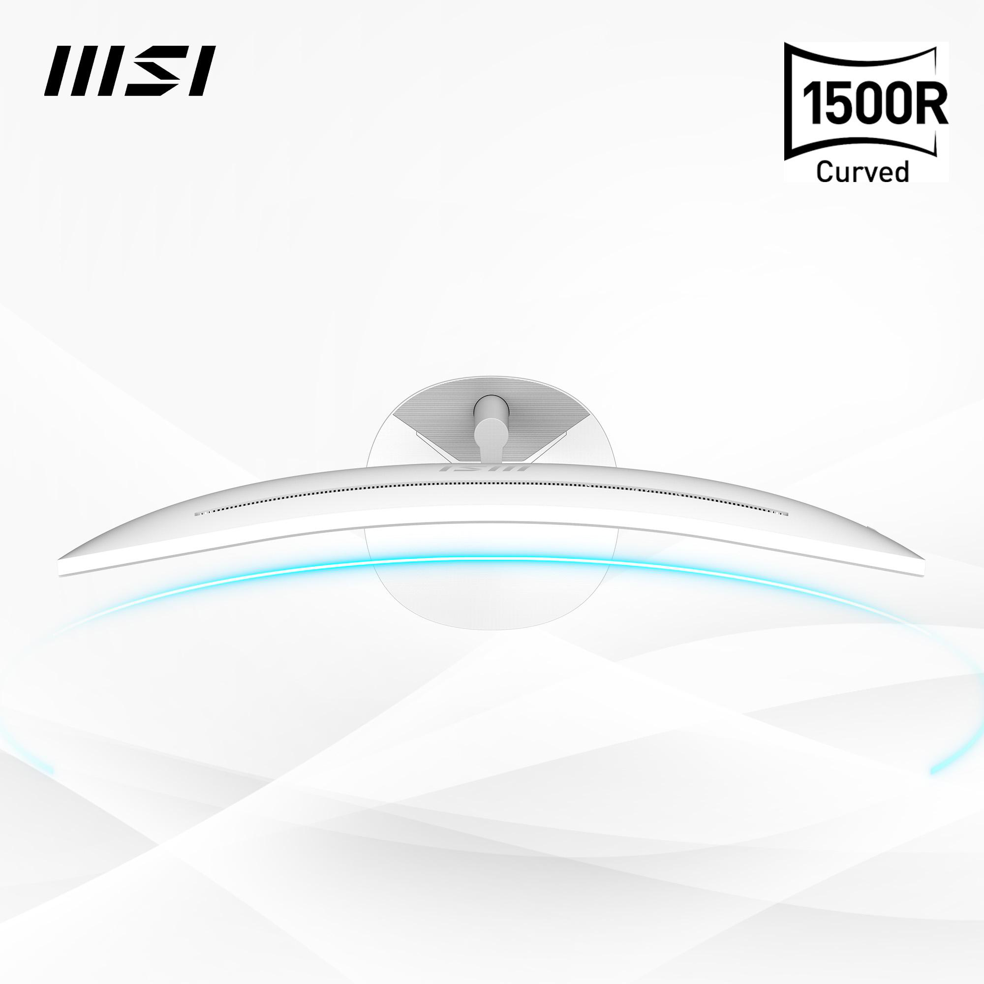 MSI Curved Monitor, weiß mit blauer Beleuchtung. Der Text 1500R Curved steht über dem Monitor.