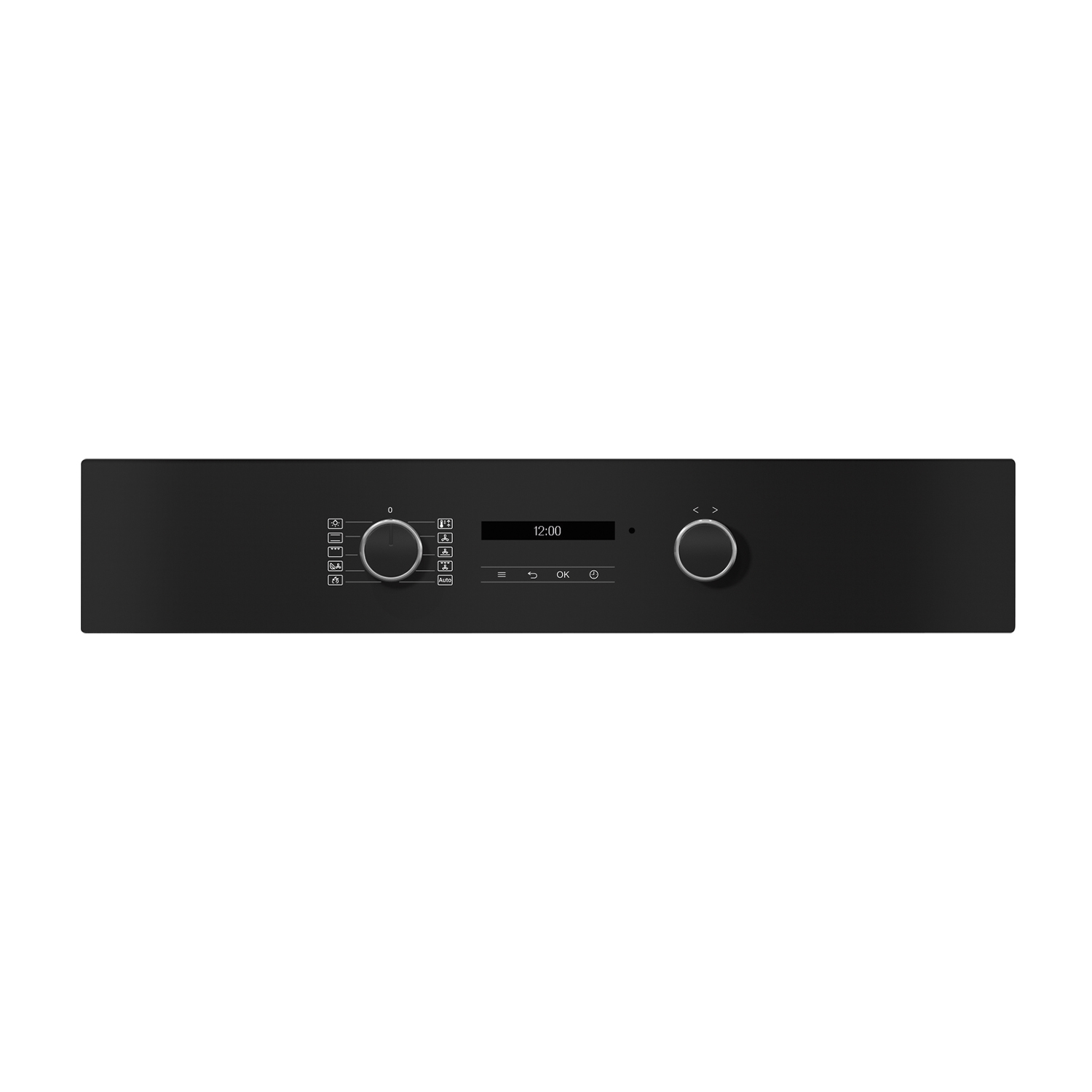 Ricevitore audio nero con manopole e display che mostra le 12:00, su sfondo bianco.