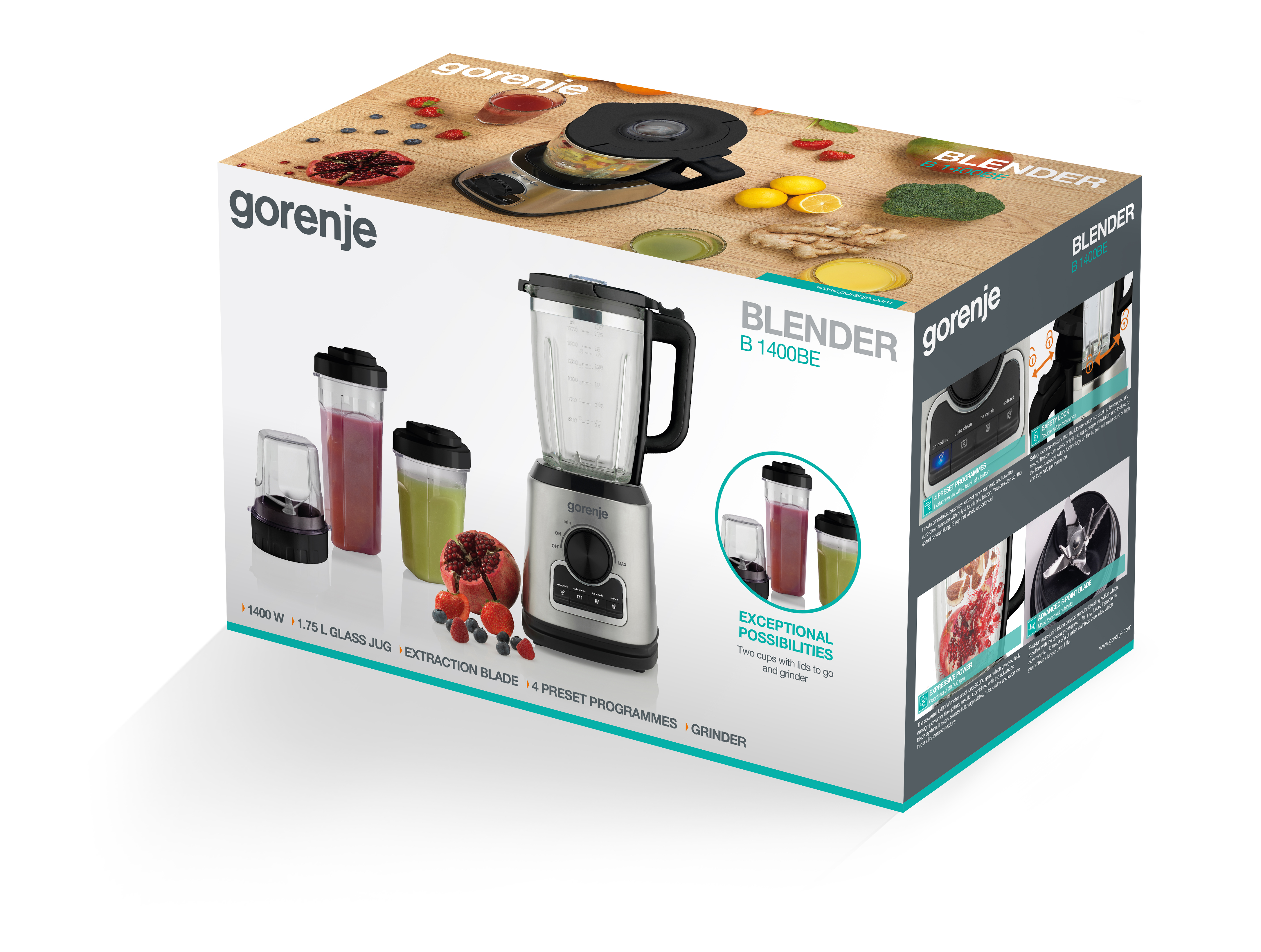 Gorenje B 1400BE turmixgép üvegkancsóval, tartozékokkal és gyümölcsökkel a csomagoláson.