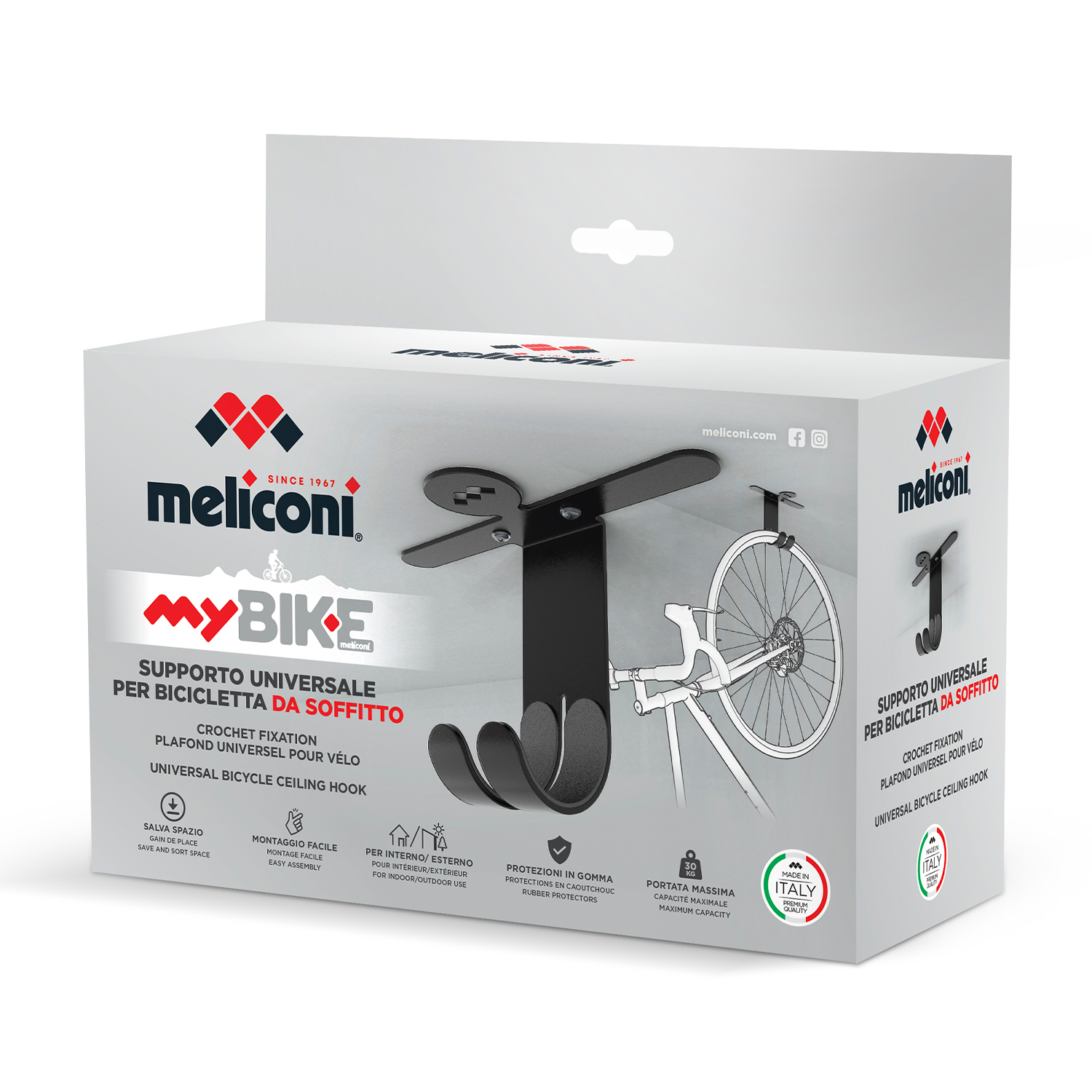 Una scatola per gancio da soffitto per biciclette con illustrazioni e testo.