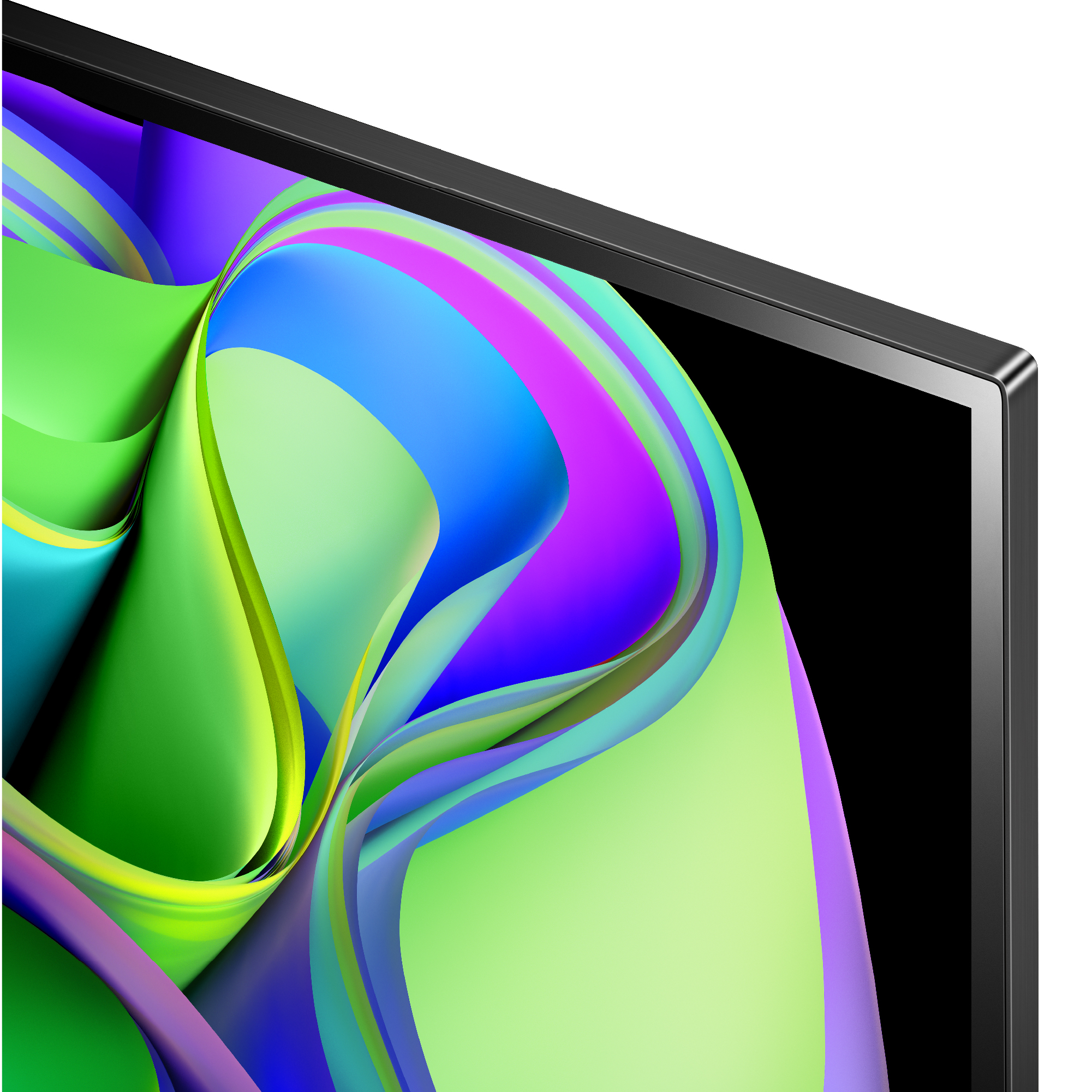 Primer plano de una pantalla de TV con remolinos abstractos y coloridos sobre fondo negro.