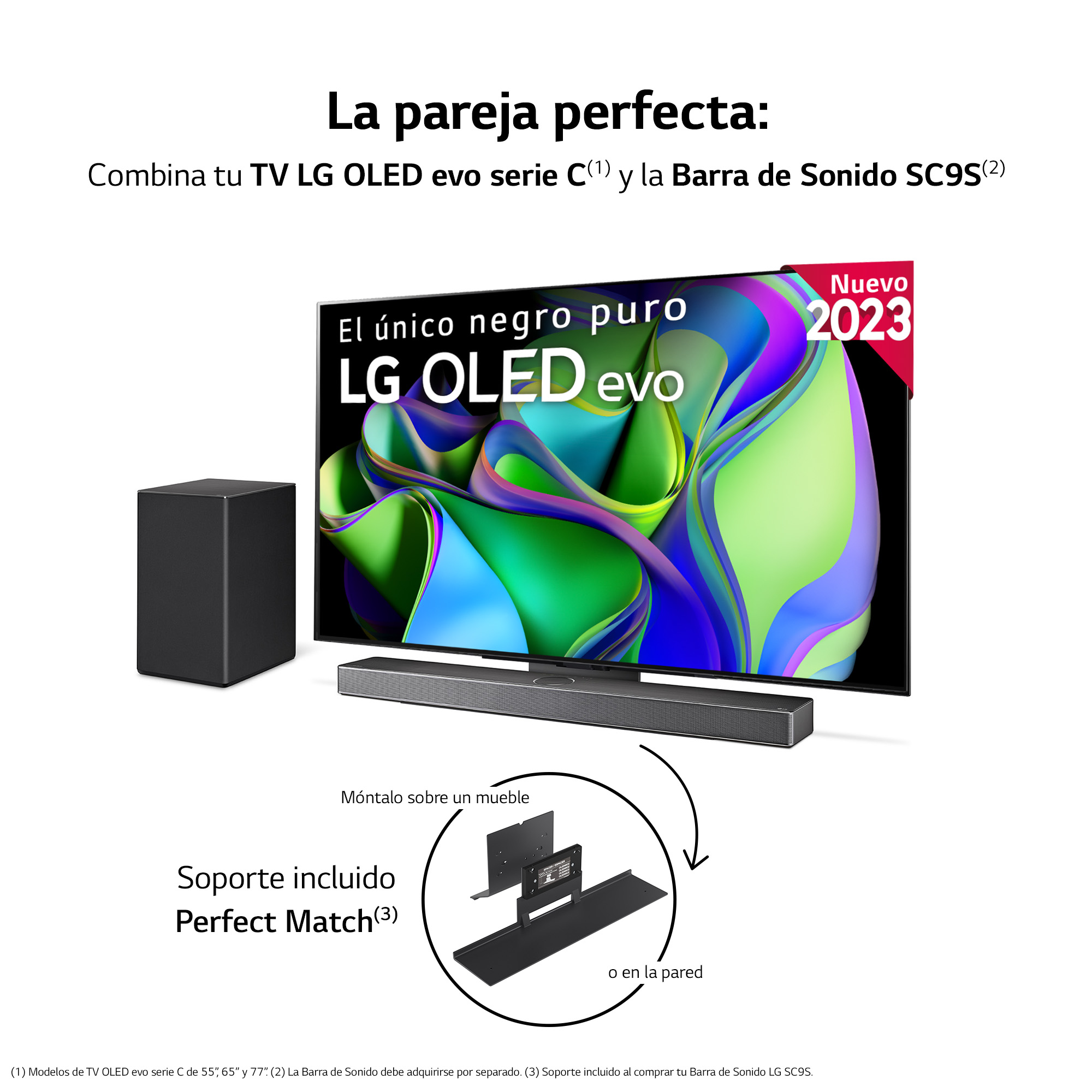 Configuración de TV y barra de sonido, con un televisor en un soporte. La barra de sonido está debajo del televisor. Gráficos y texto en español.