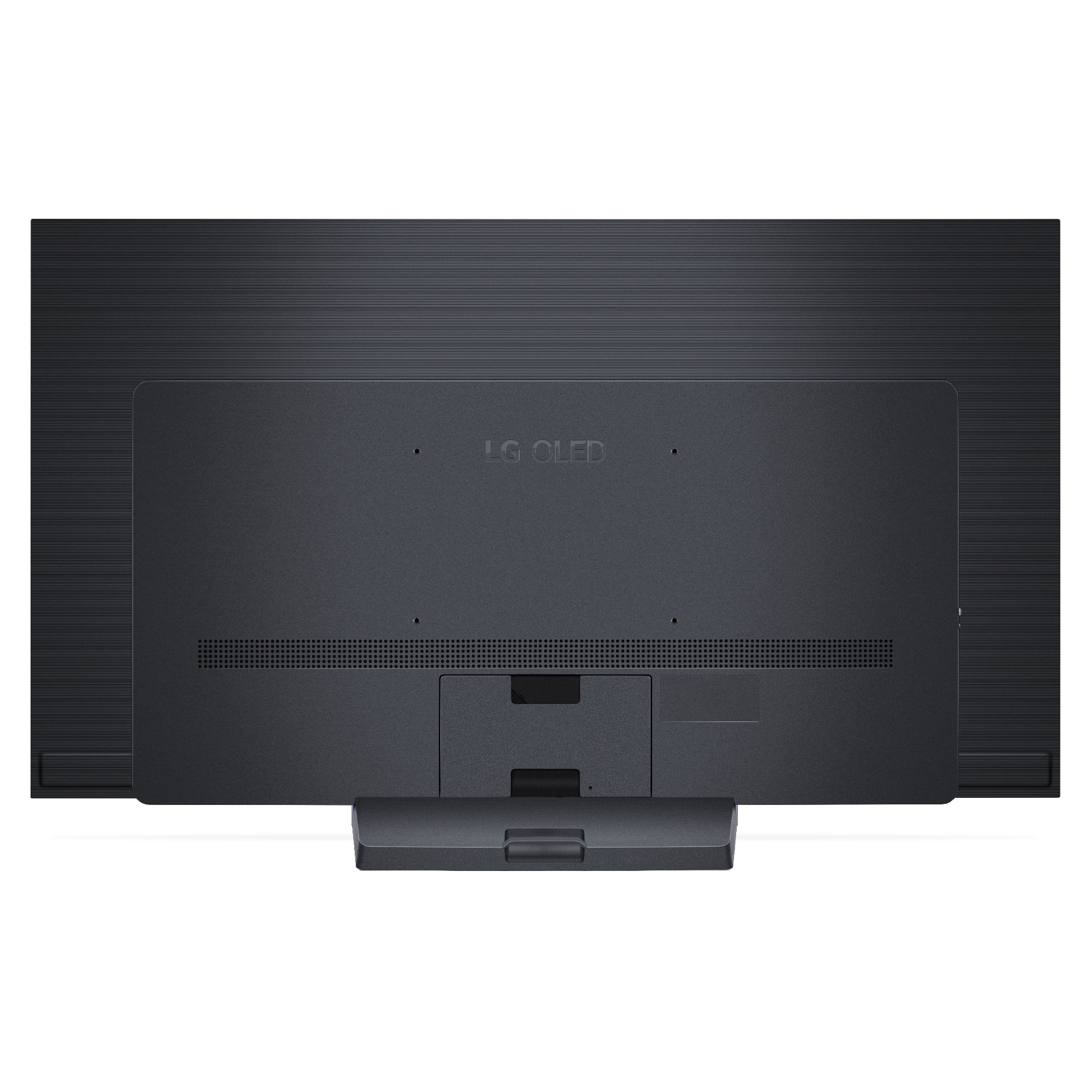 Parte trasera de un televisor LG OLED negro sobre un soporte.