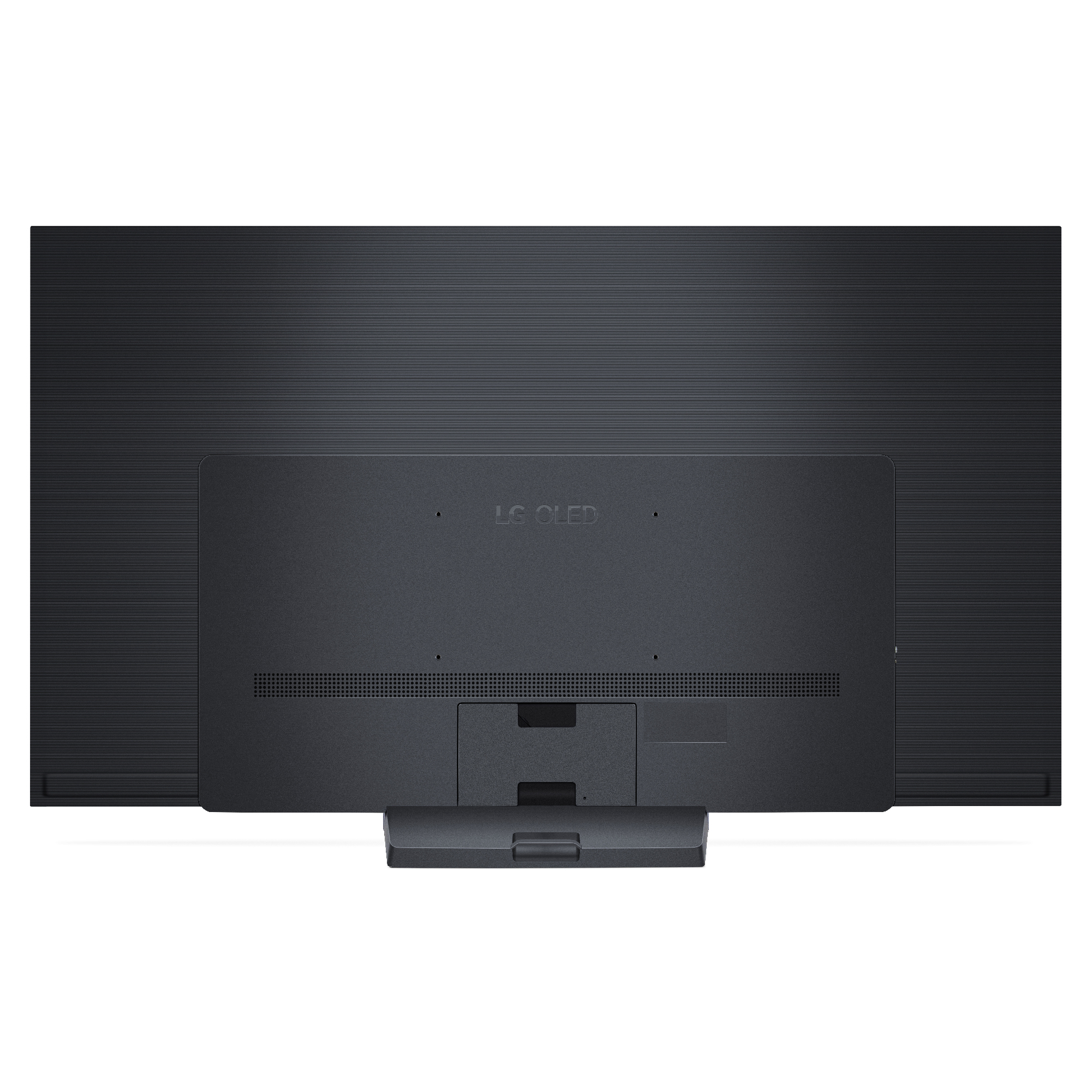 Parte trasera de un televisor LG OLED negro. Con soporte y varios puertos. Fondo oscuro.