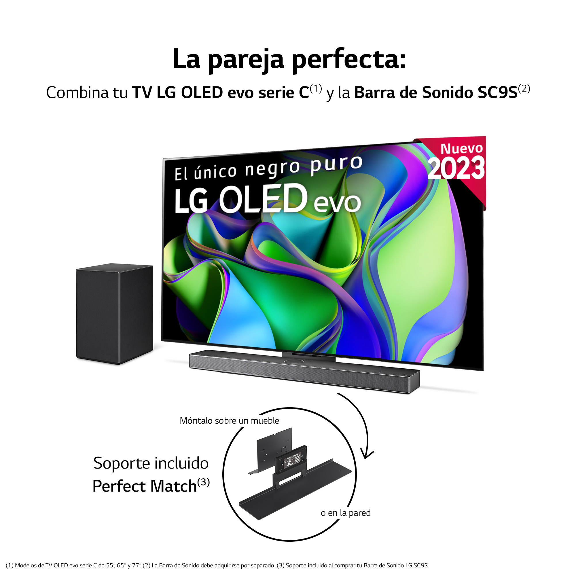 Configuración de TV y barra de sonido. El televisor muestra un diseño de hojas verdes y moradas. Texto: 'Perfect Match'.