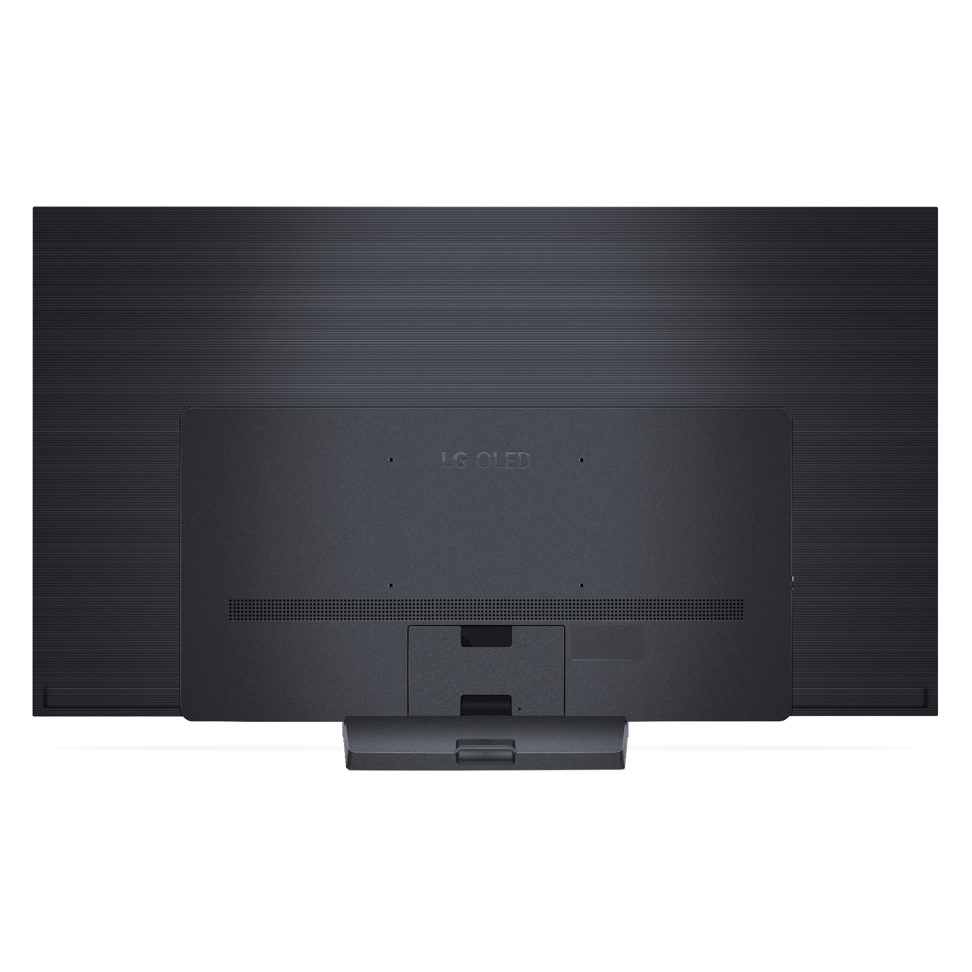 Parte trasera de un televisor LG OLED negro, con el logo LG OLED arriba.