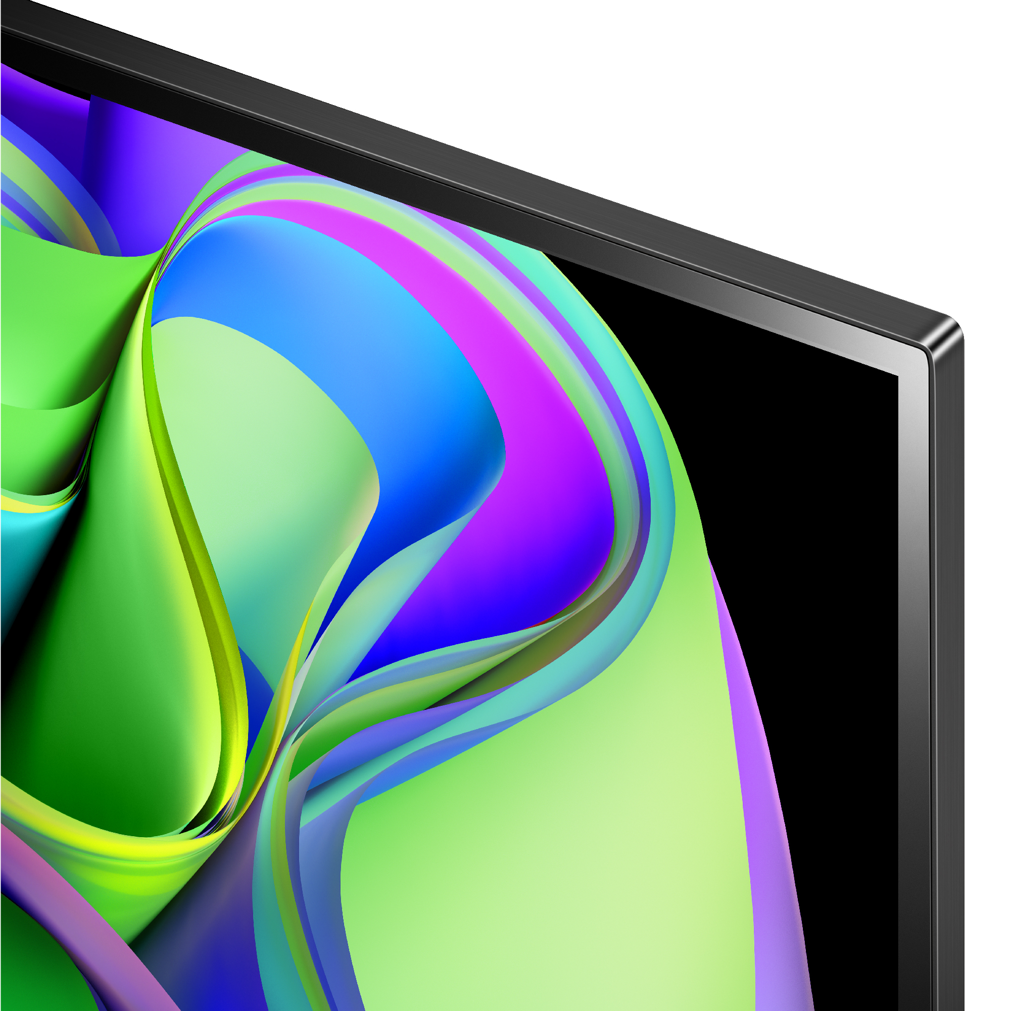 Primer plano de una pantalla de TV. La pantalla muestra formas abstractas coloridas sobre fondo negro.