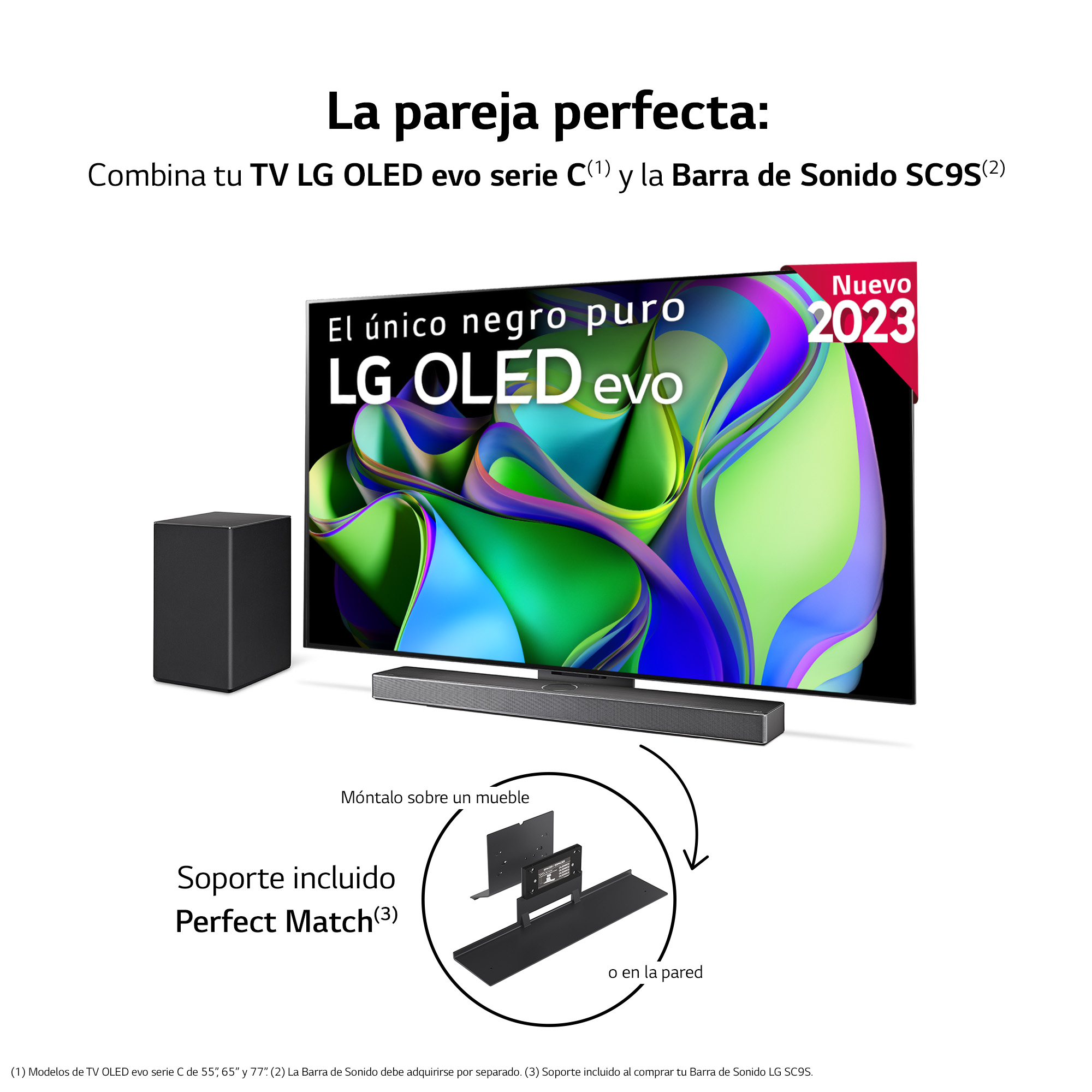TV LG OLED evo con barra de sonido y subwoofer, montado en un soporte, con texto en español.