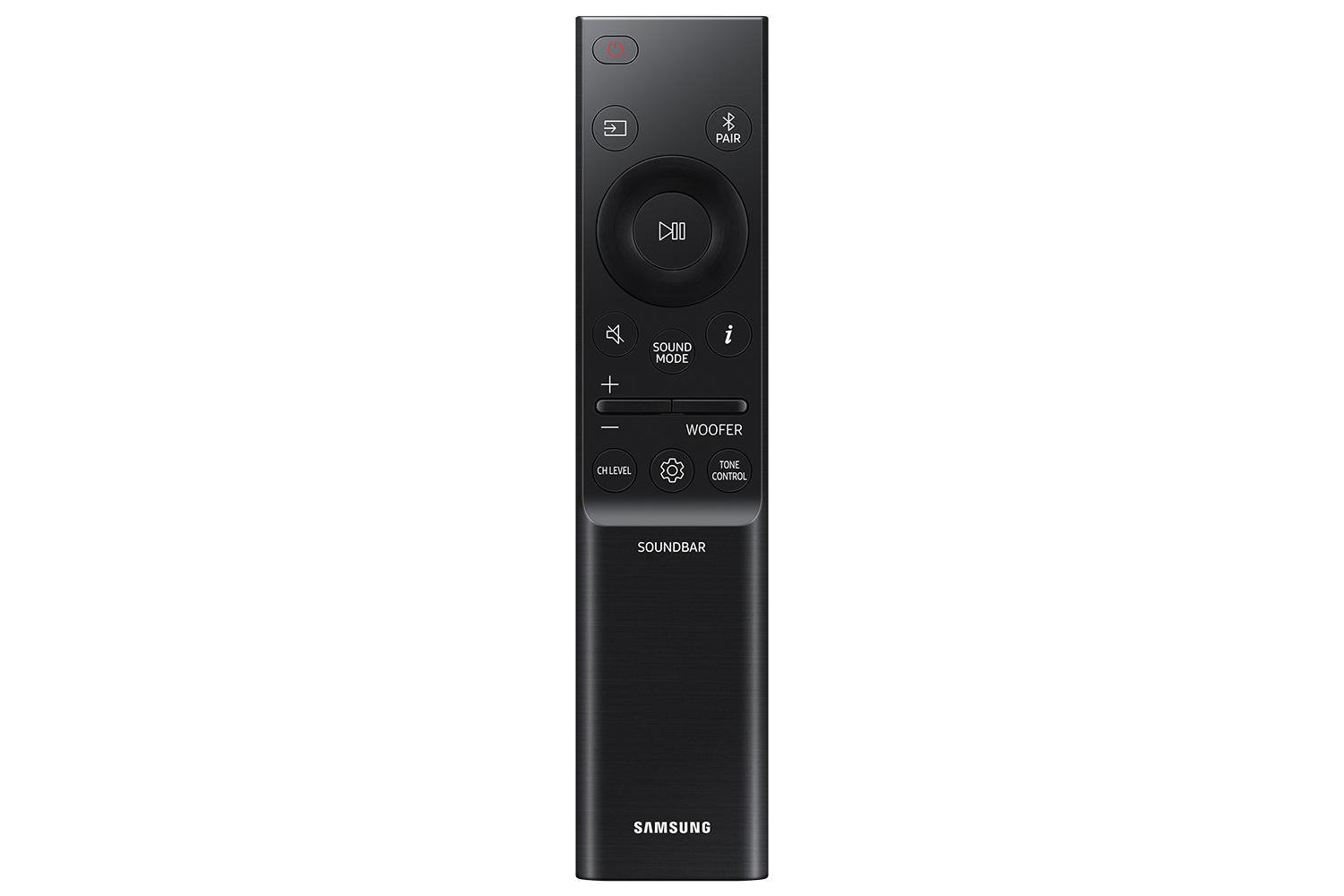 Schwarze Fernbedienung. Tasten: Sound Mode, Woofers, Lautstärke. Text: SOUNDBAR, SAMSUNG.