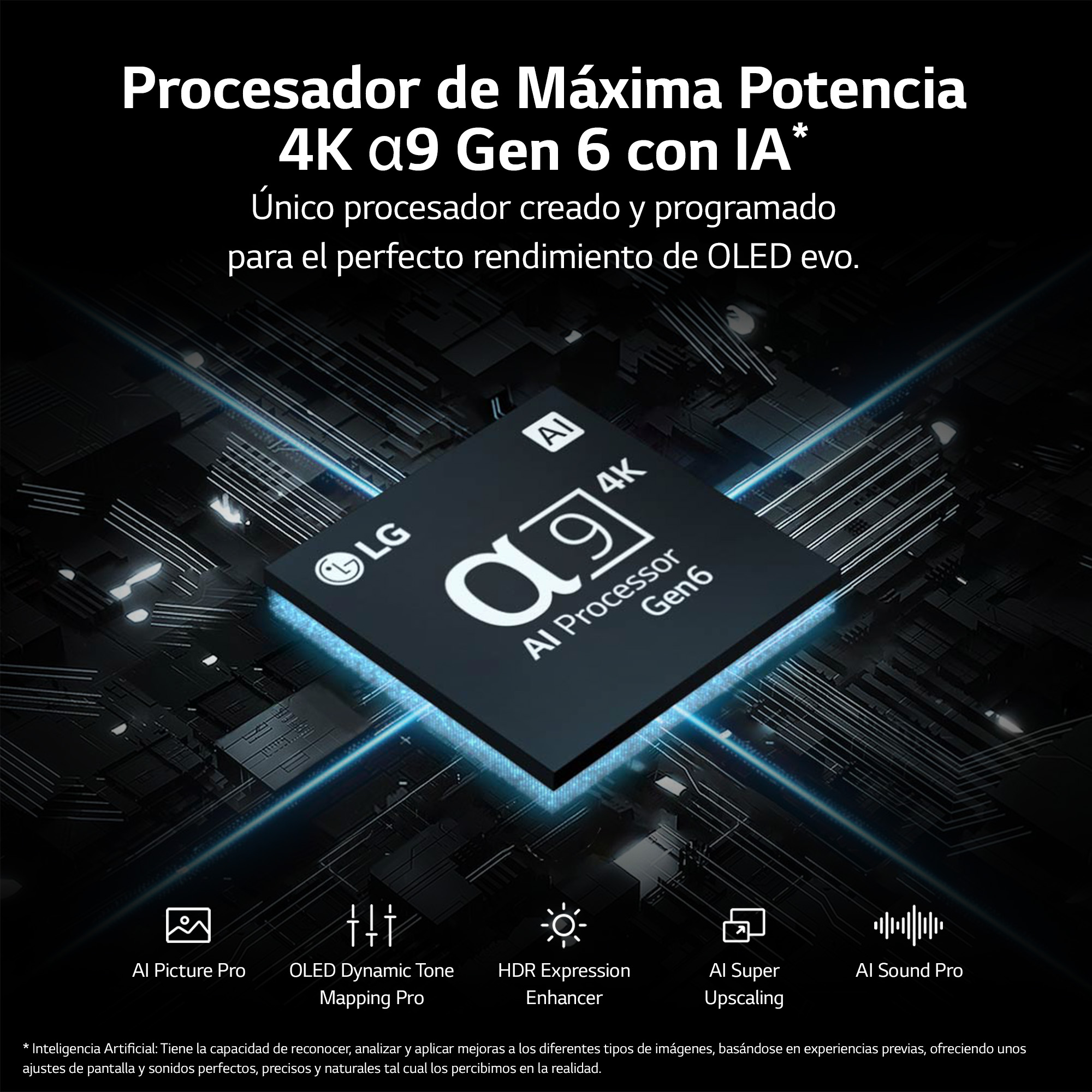 Imagen que muestra un gráfico de procesador 4K AI con texto en español sobre sus características.