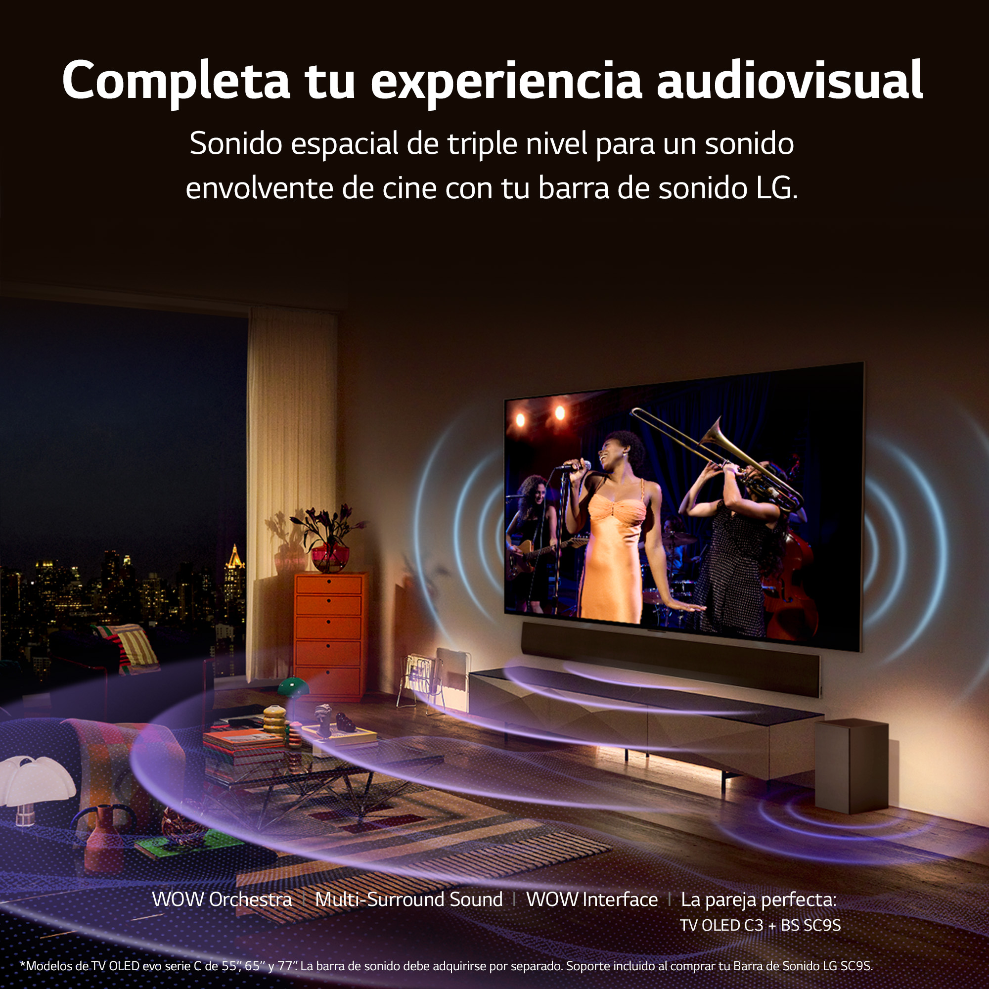 Escena de sala con TV, vista de la ciudad, y ondas de sonido que emanan de la TV.