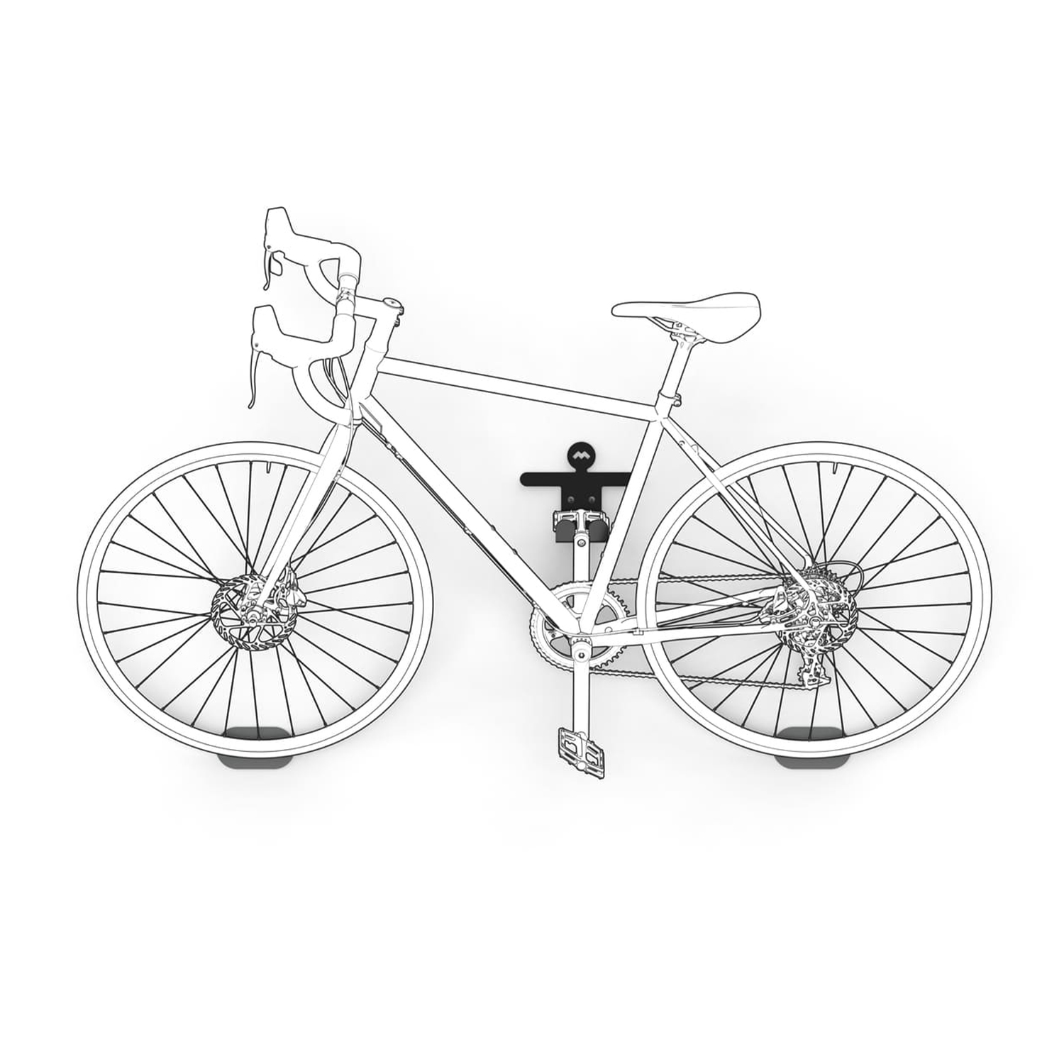 Disegno a tratto di una bicicletta su un supporto a parete. Bianco e nero. Sfondo bianco.