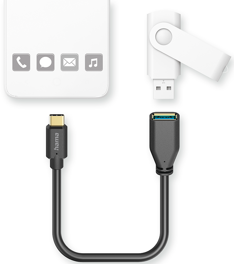 USB drive and a USB-C cable next to a phone with icons.