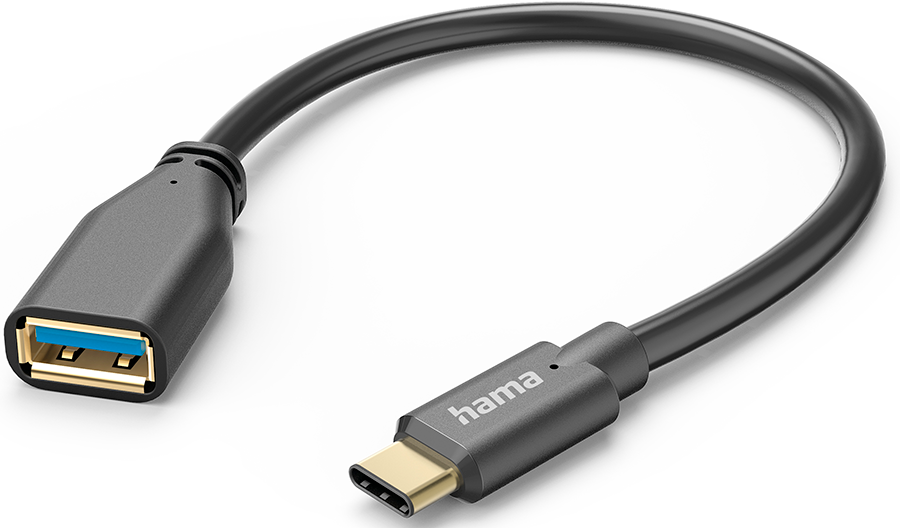 A USB-C to USB adapter cable, black, on a white surface, close-up.