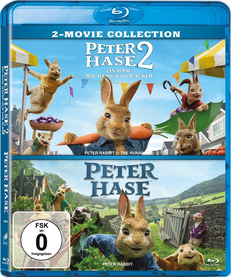 Blu-ray-Cover für Peter Hase 2. Es zeigt den Hasen und andere Charaktere.