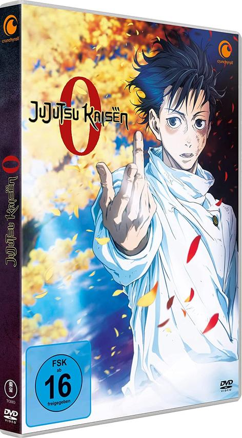 DVD-Hülle. Anime-Charakter gestikuliert, Titel Jujutsu Kaisen 0. Hintergrund aus gelben und roten Blättern.