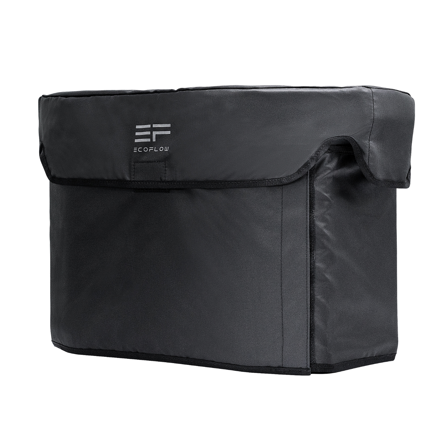 Una borsa portaoggetti nera, rettangolare, con patta, logo ECOFLOW e parte superiore curva.