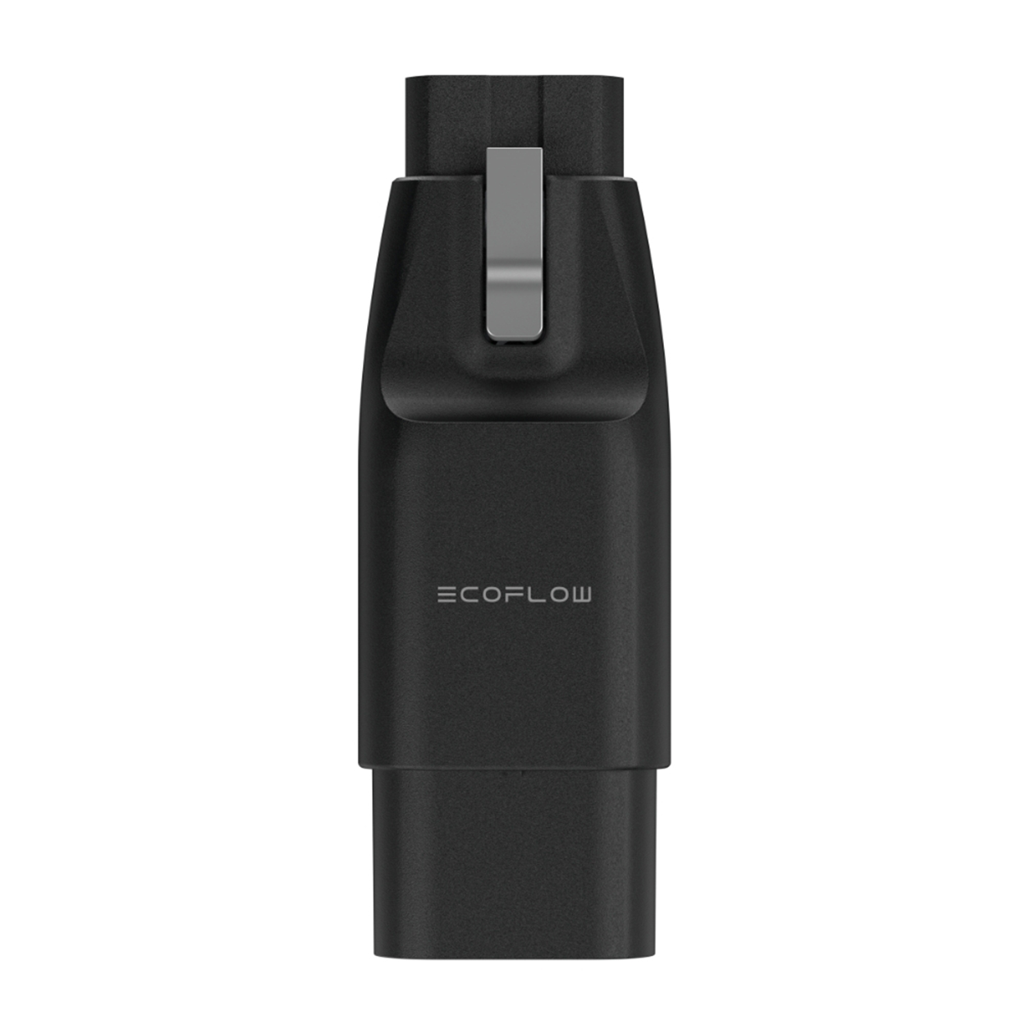 Un adattatore EcoFlow nero con clip e testo su sfondo bianco.