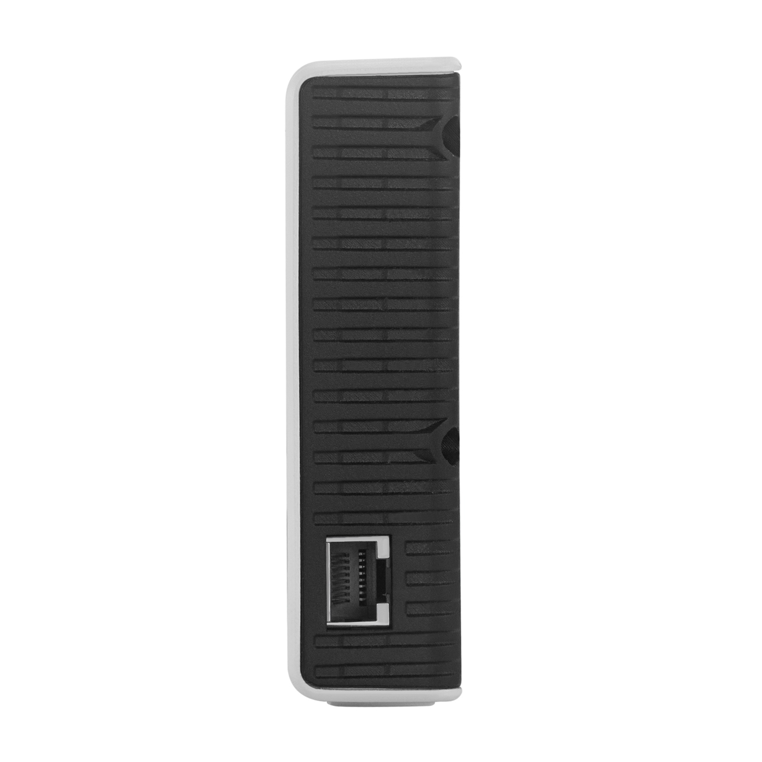 Dispositivo bianco con retro nero a coste e una porta.