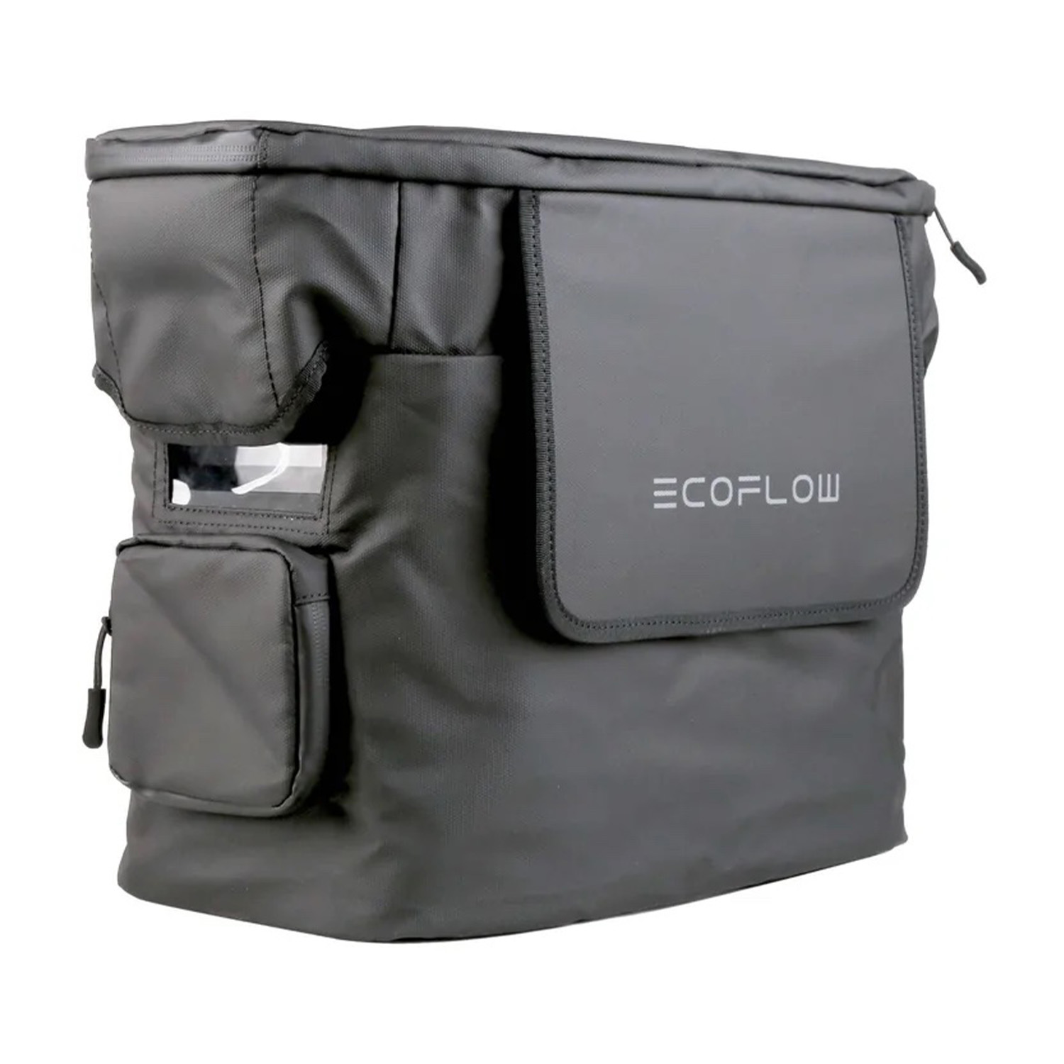 Borsa EcoFlow nera con tasca grigia e logo, isolata su sfondo bianco.