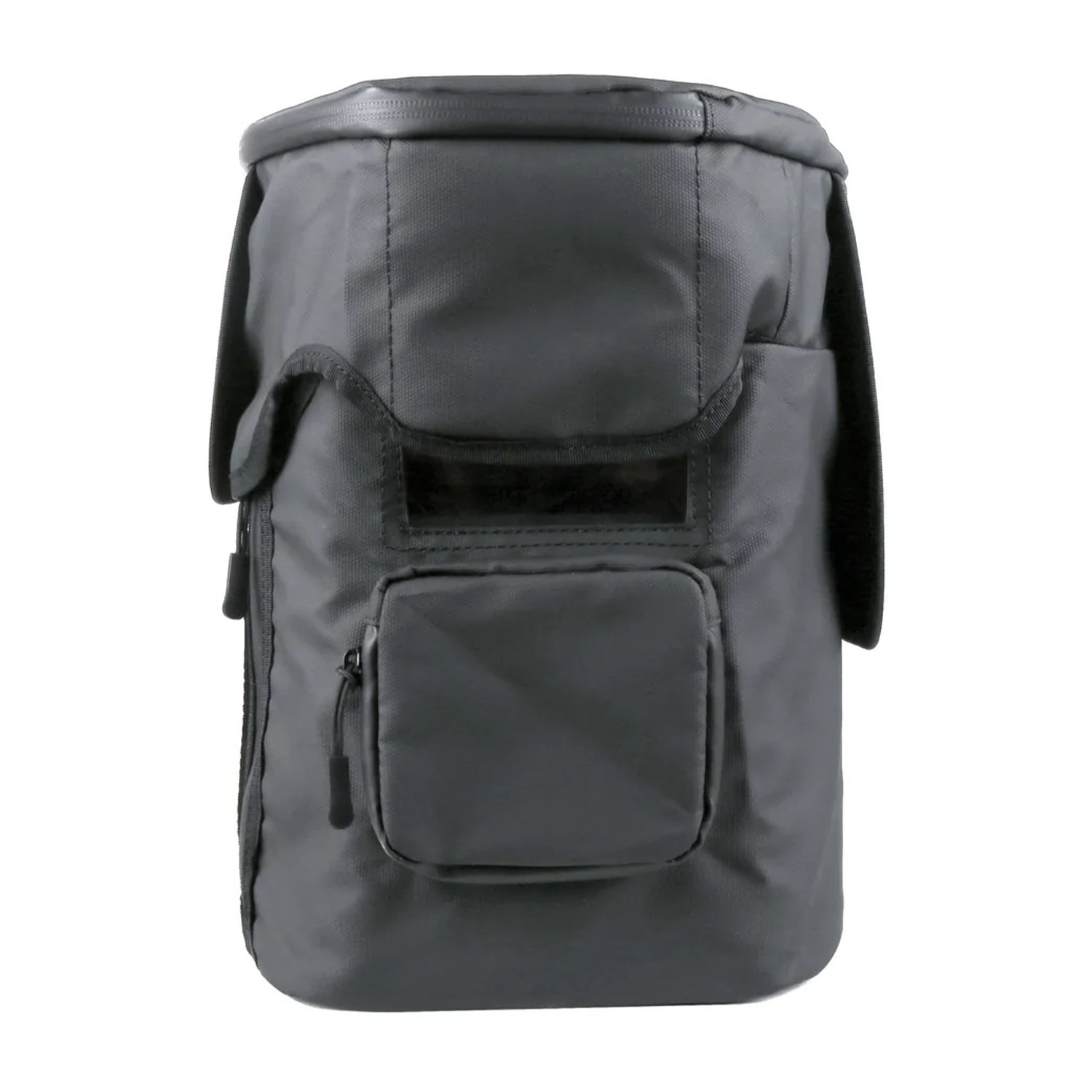 Zaino nero, cilindrico, con tasche e patta.