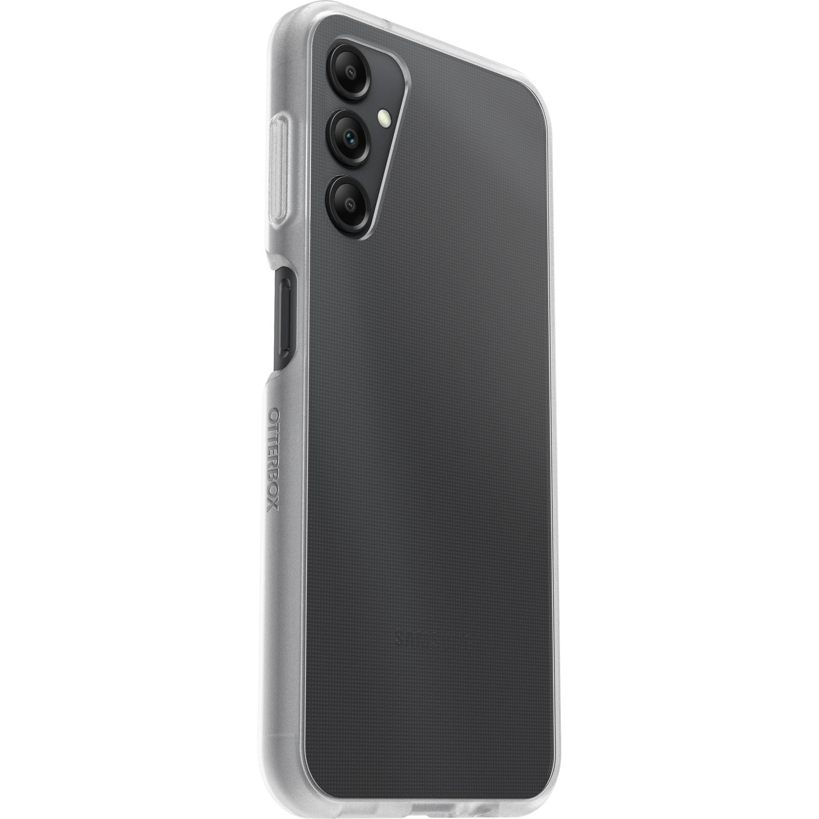 Eine transparente Handyhülle auf einem dunklen Telefon, die Kameralinsen und das Otterbox-Logo zeigt.