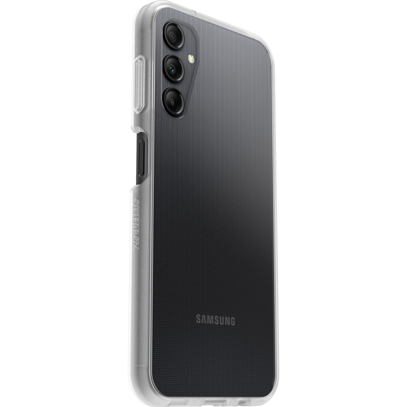 Transparente Handyhülle auf einem schwarzen Telefon, mit Samsung-Logo auf der Rückseite.