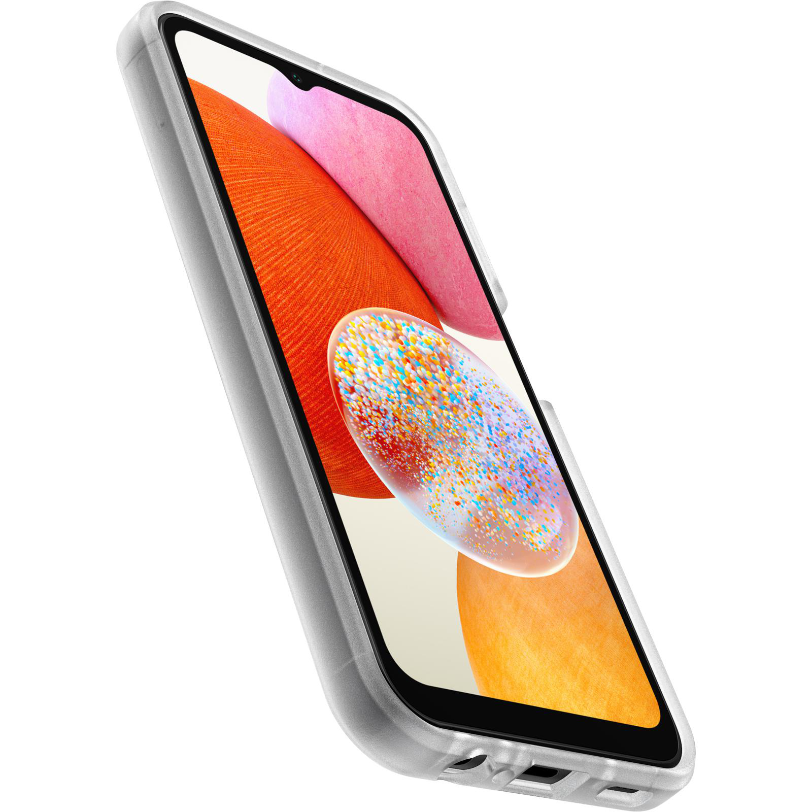 Smartphone mit klarer Hülle. Der Bildschirm zeigt ein farbenfrohes, abstraktes Design mit weißem Hintergrund.