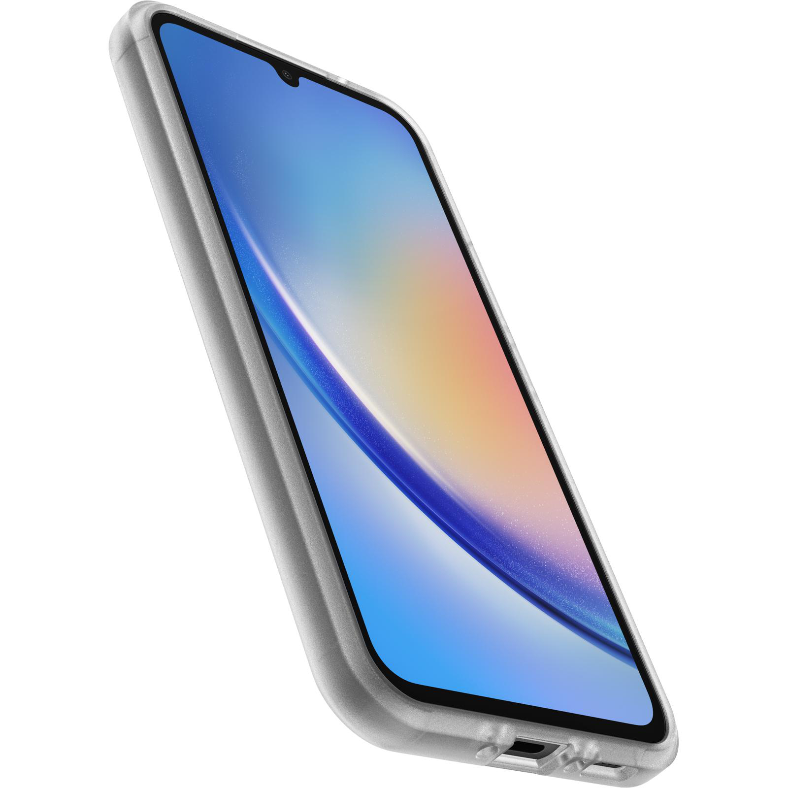 Silbernes Telefon in einer Hülle. Der Bildschirm zeigt eine lebendige, farbenfrohe Anzeige. Winkelansicht.