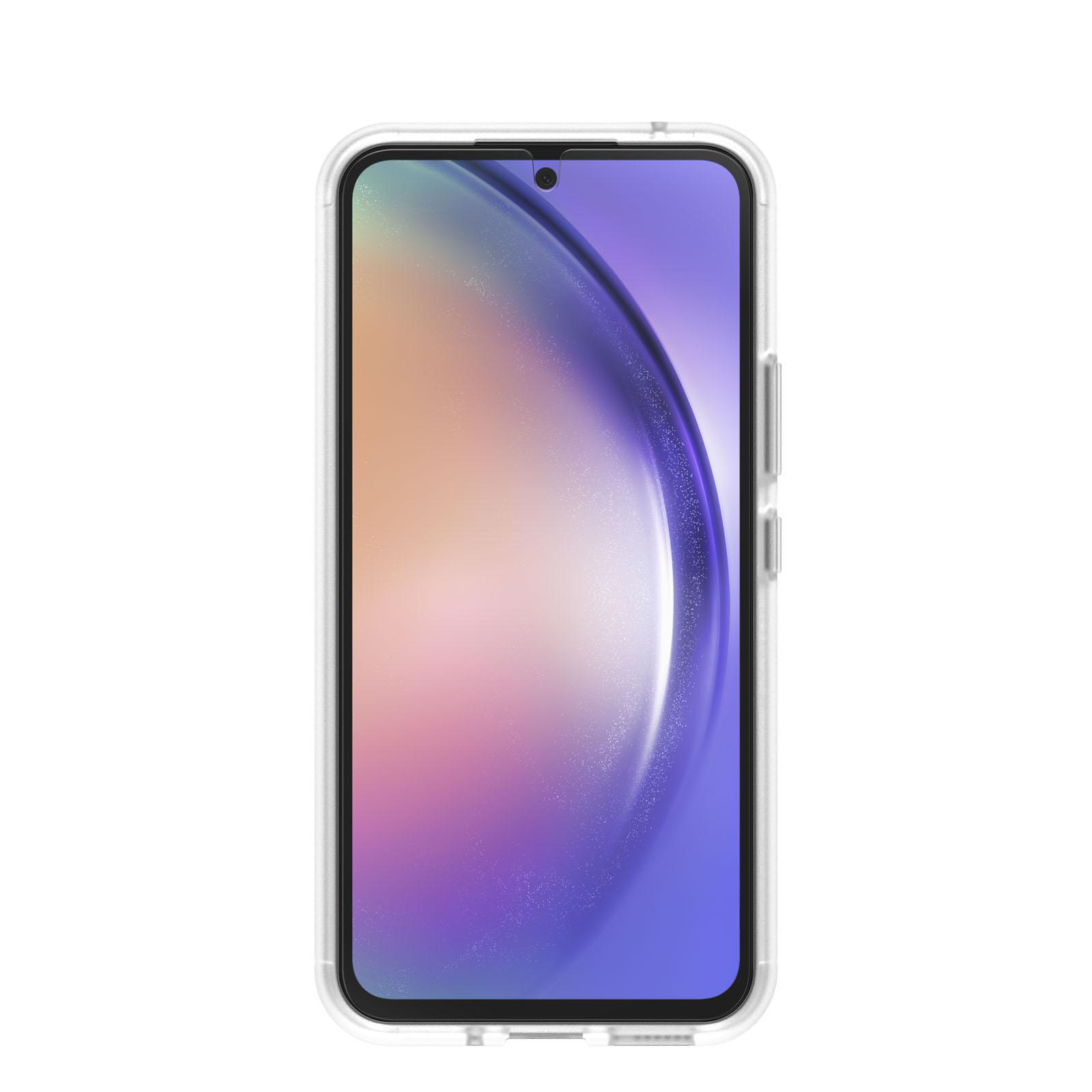 Smartphone in klarer Hülle, Bildschirm mit farbigem Muster.