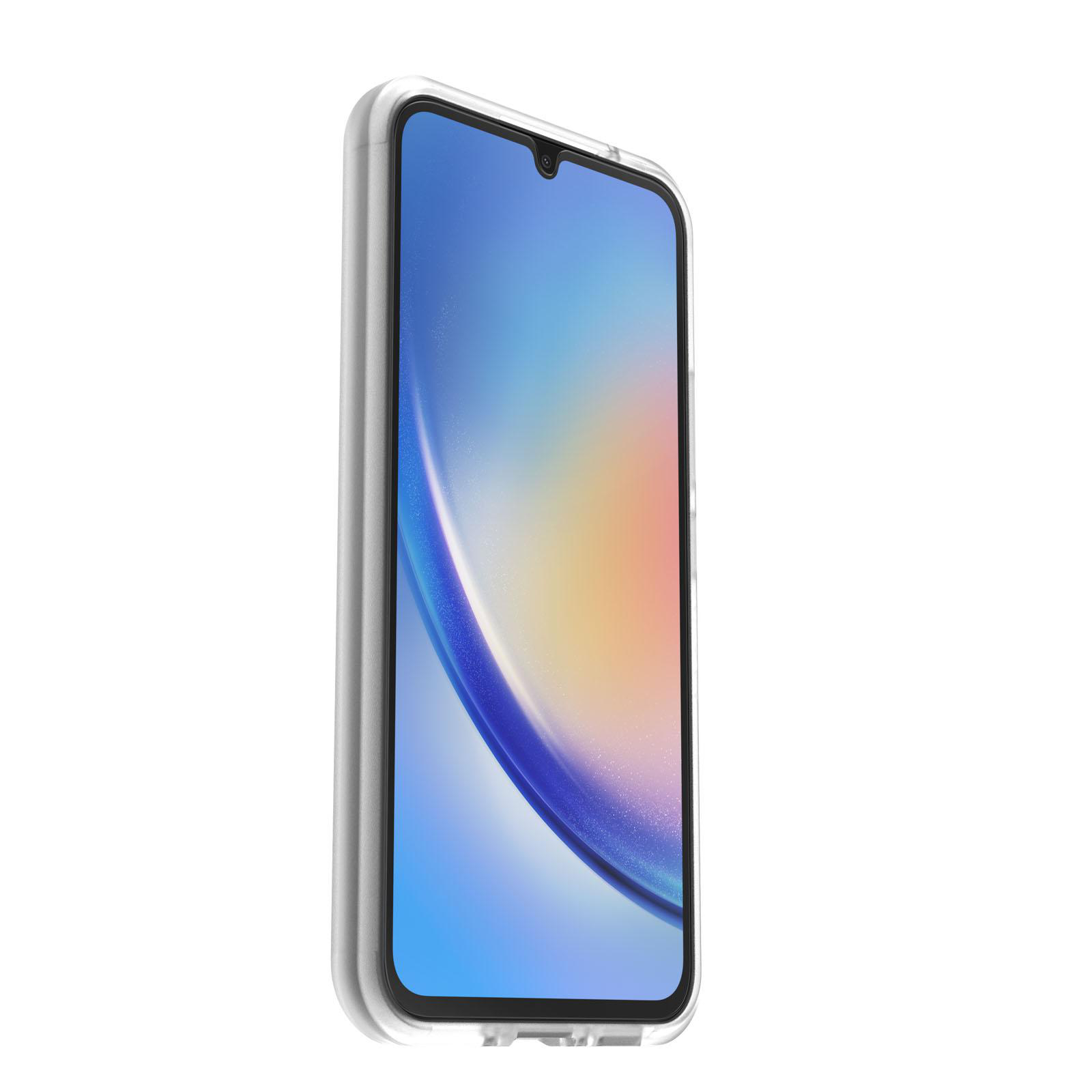 Ein Smartphone in einer transparenten Schutzhülle, der Bildschirm zeigt ein verschwommenes, farbenfrohes Bild, auf weißem Hintergrund.