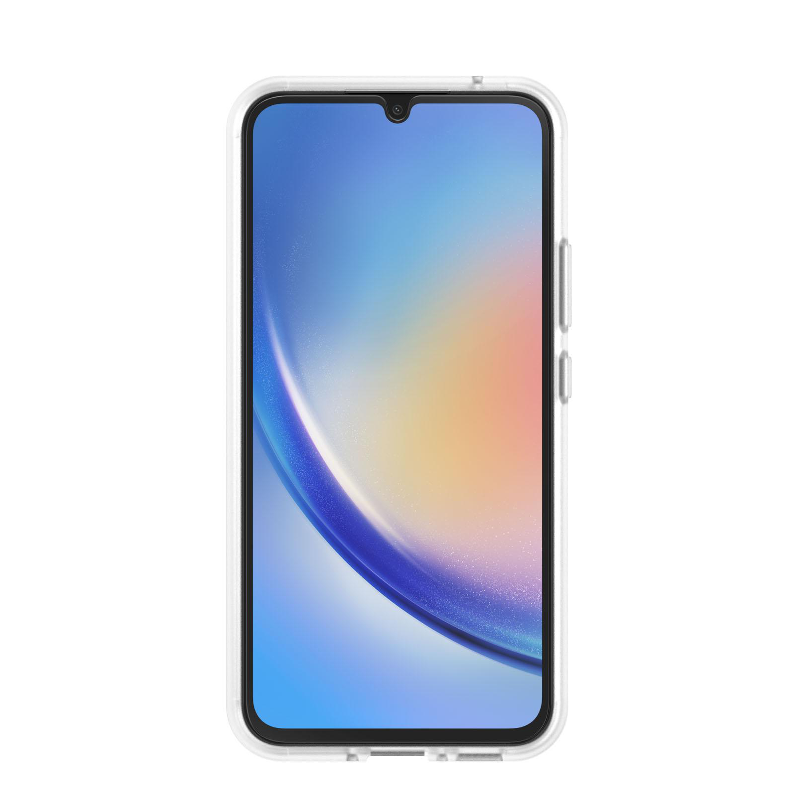 Ein weißes Telefon mit einem Bildschirm, der eine farbenfrohe Grafik zeigt. Das Telefon befindet sich in einer transparenten Hülle.