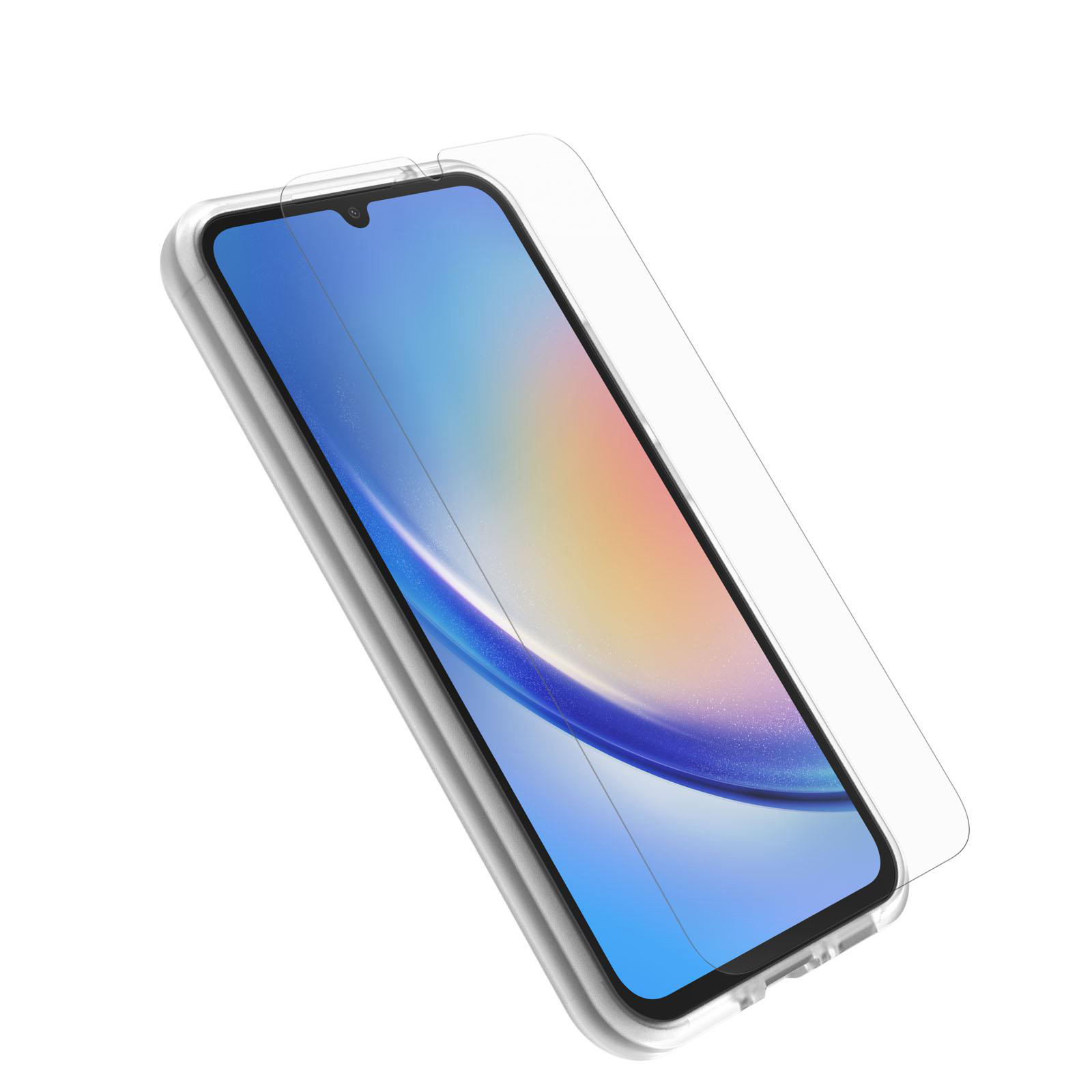 Smartphone mit Displayschutzfolie. Klare Hülle auf weißem Telefon, schräge Ansicht. Weißer Hintergrund.