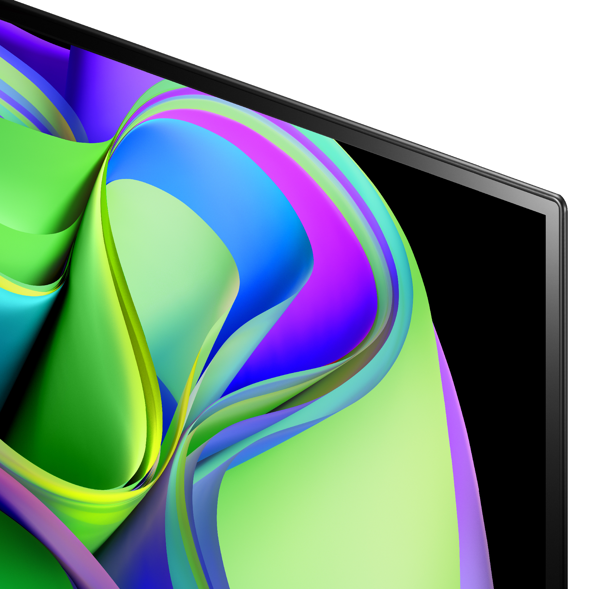 Primer plano de una pantalla de TV mostrando formas abstractas y coloridas fluyendo sobre fondo negro.