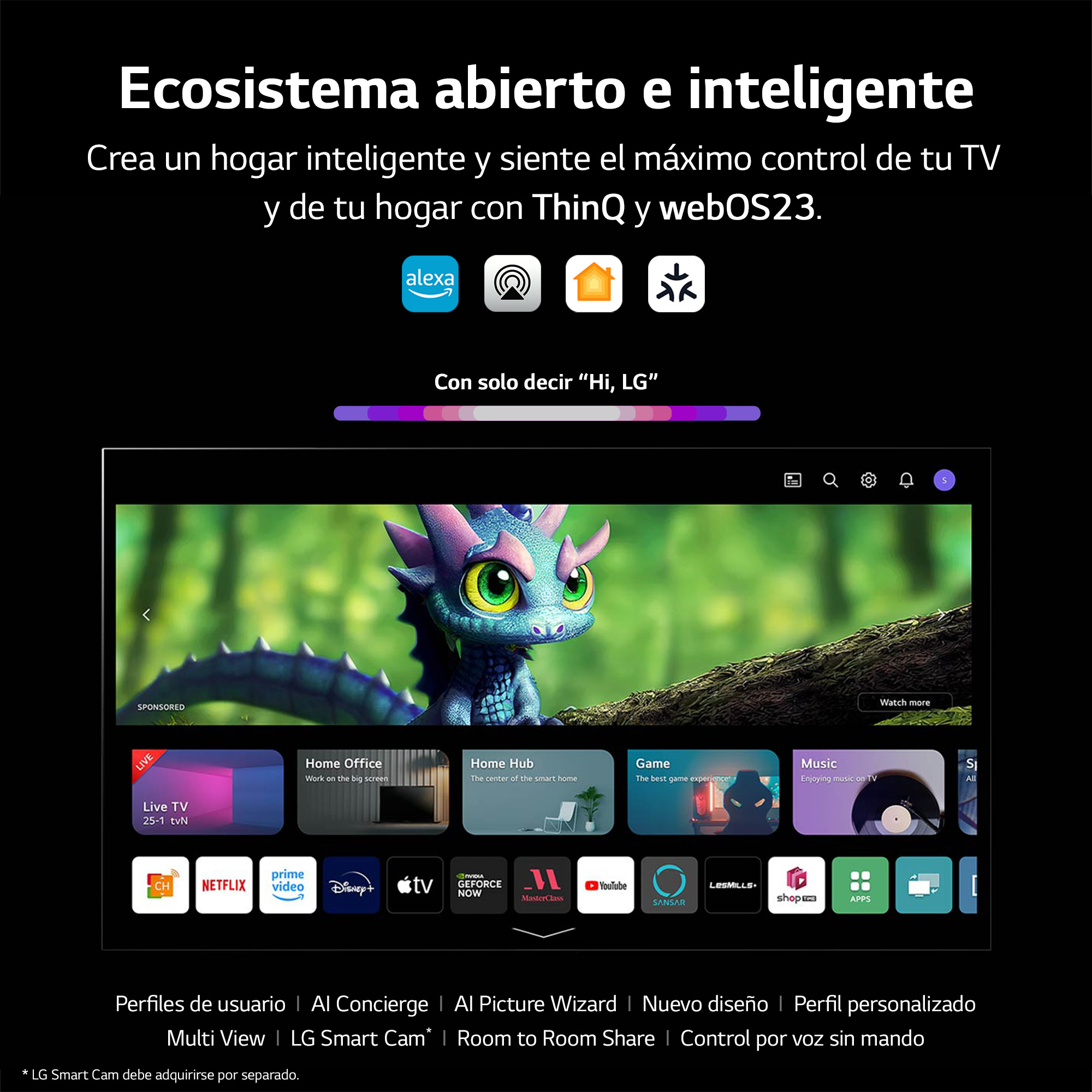 Pantalla de interfaz de LG Smart TV. Incluye iconos de aplicaciones, un dragón de dibujos animados y texto.