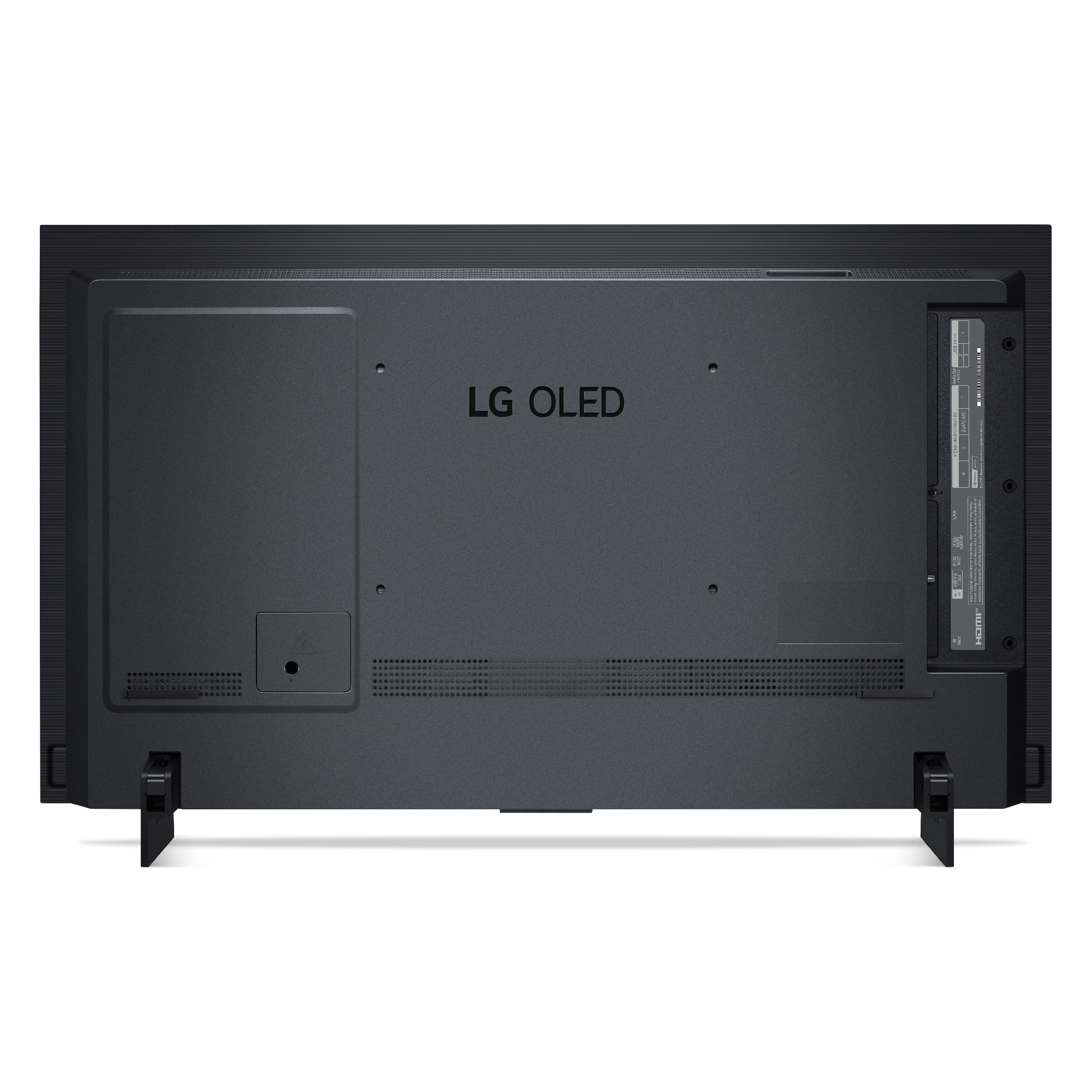 Parte trasera de un televisor LG OLED negro con el logotipo de LG OLED.