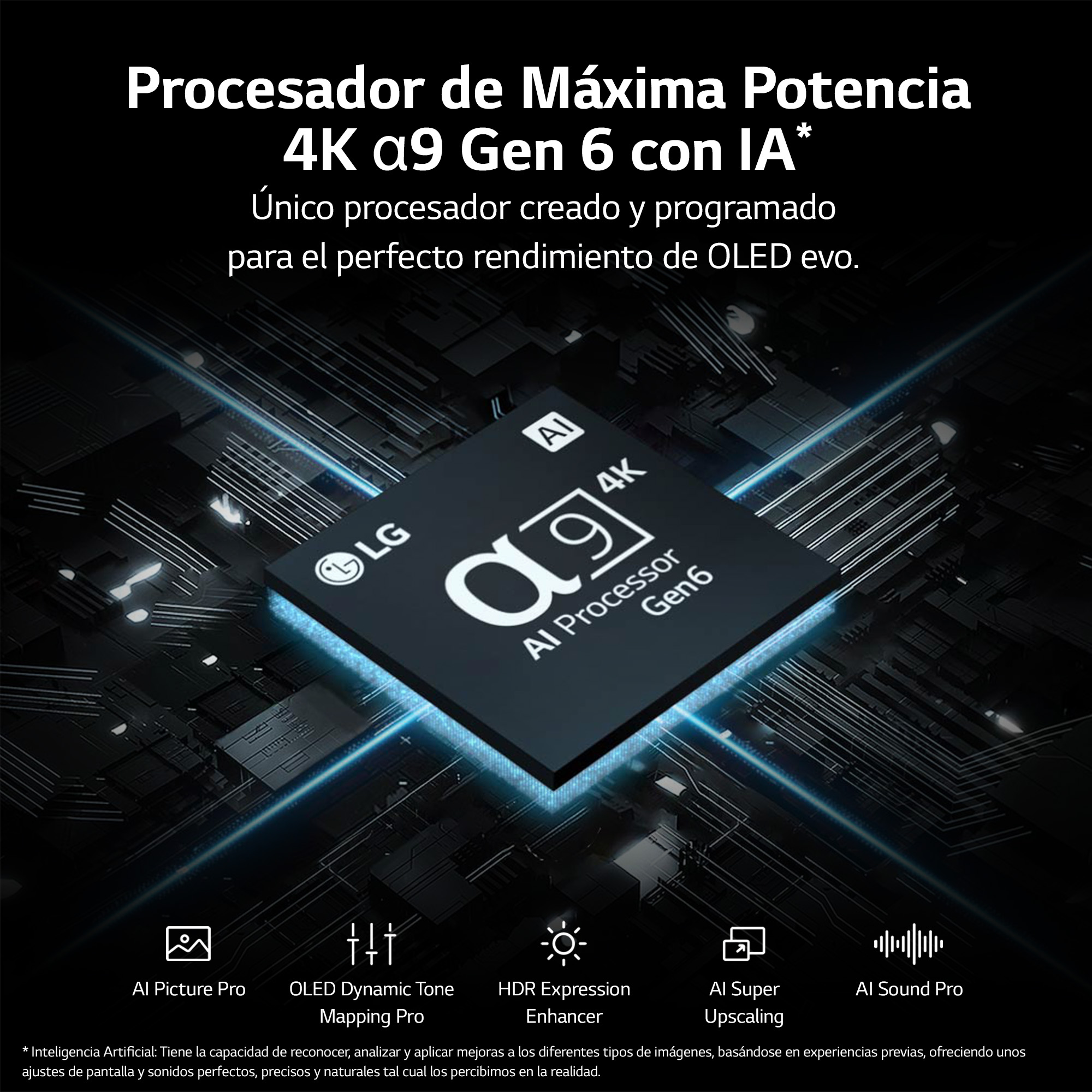 La imagen muestra un procesador negro con texto. Dice '4K a9 Gen 6 with IA'. El logo de LG está presente.