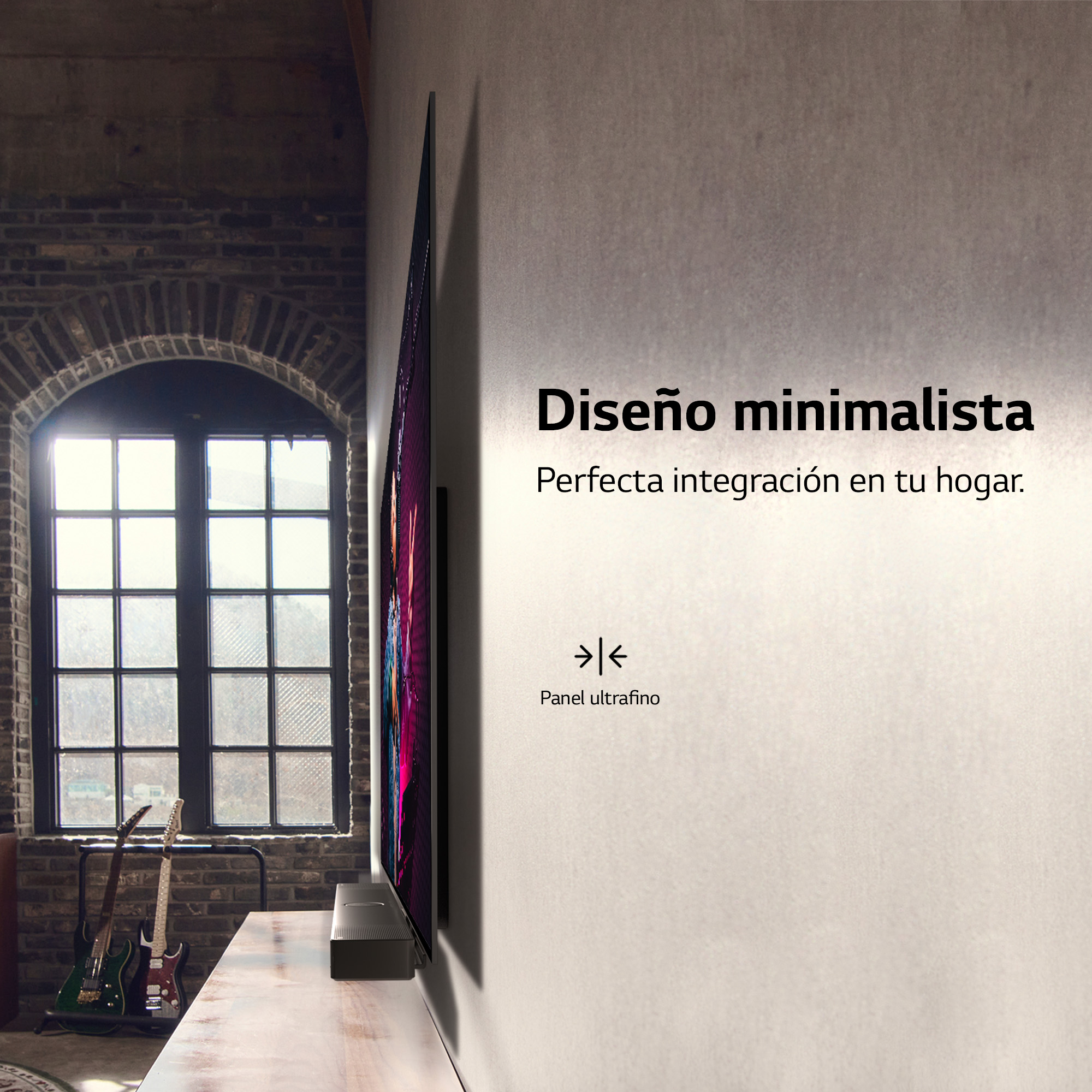 TV en una pared. Texto: 'Diseño minimalista. Perfecta integración en tu hogar'.