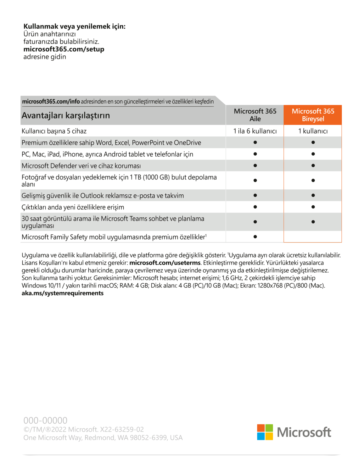 Bireyler ve aileler için faydaları gösteren Microsoft 365 özellik karşılaştırma tablosu.