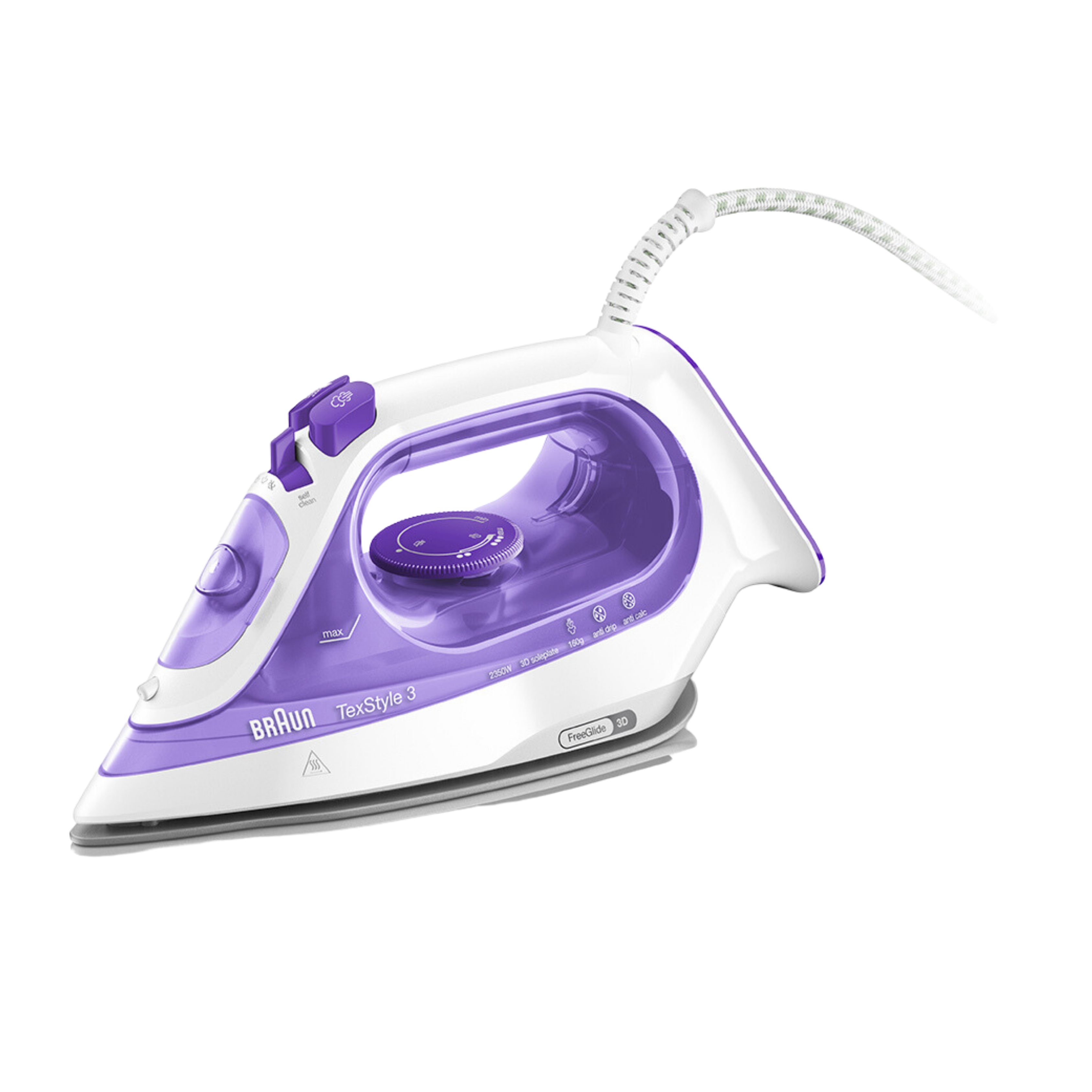 Plancha de vapor - Braun TexStyle 3 SI3042VI, 2350W, Suela 3D, 45g/min, Blanco/Violeta