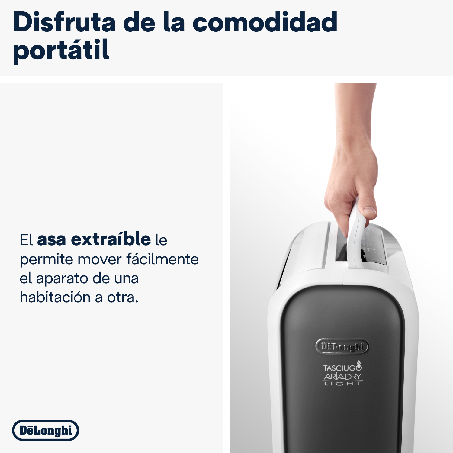 Mano sosteniendo el asa de un secador de aire portátil blanco y gris oscuro.