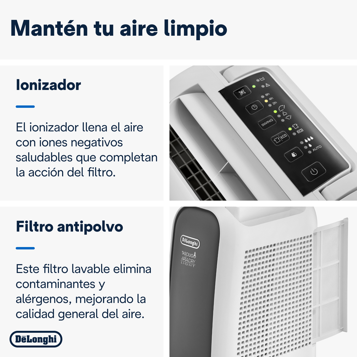 Purificador de aire DeLonghi, con texto sobre el ionizador y filtro antipolvo.