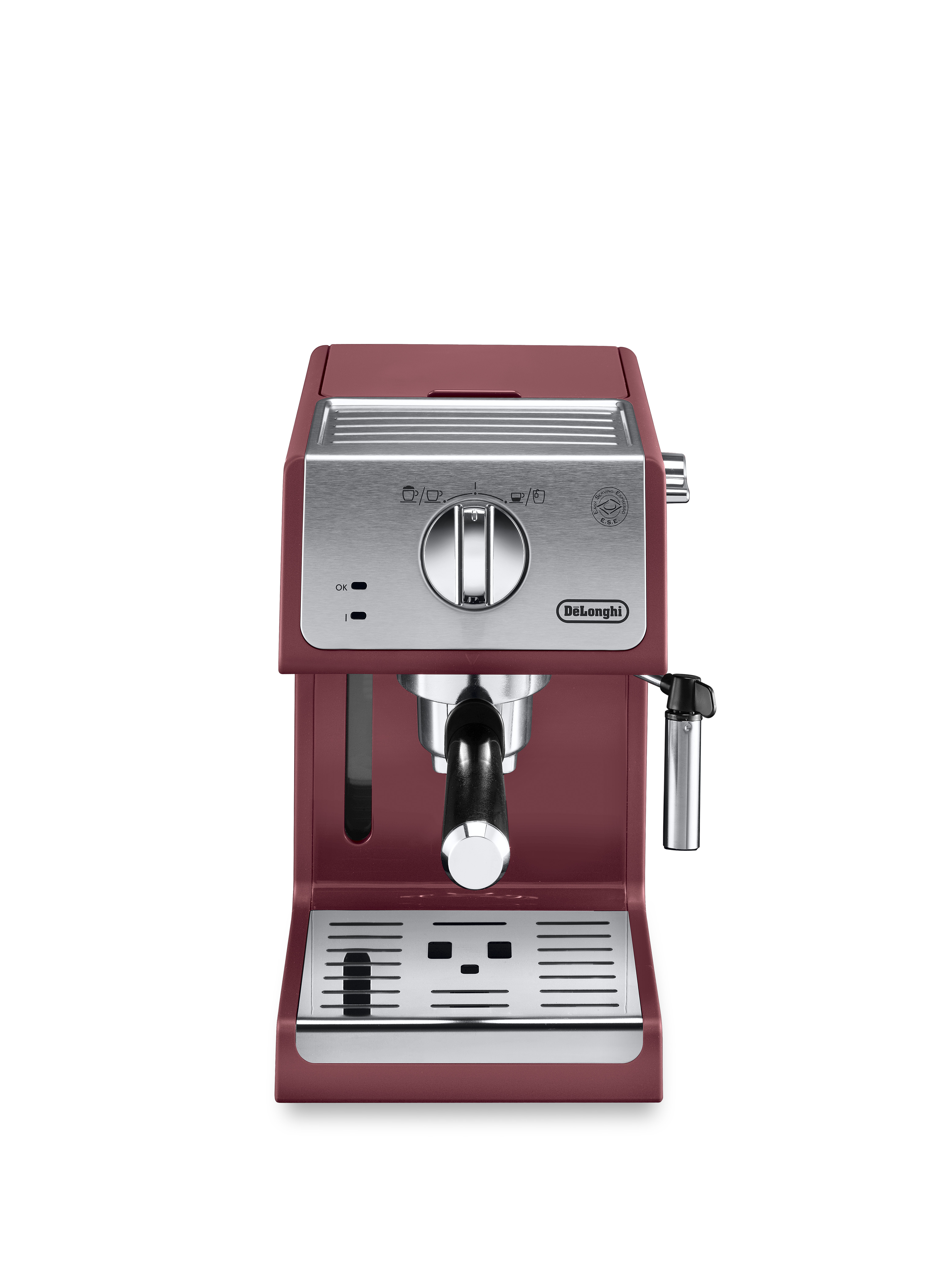 Una máquina de espresso De'Longhi roja y plateada sobre fondo blanco.